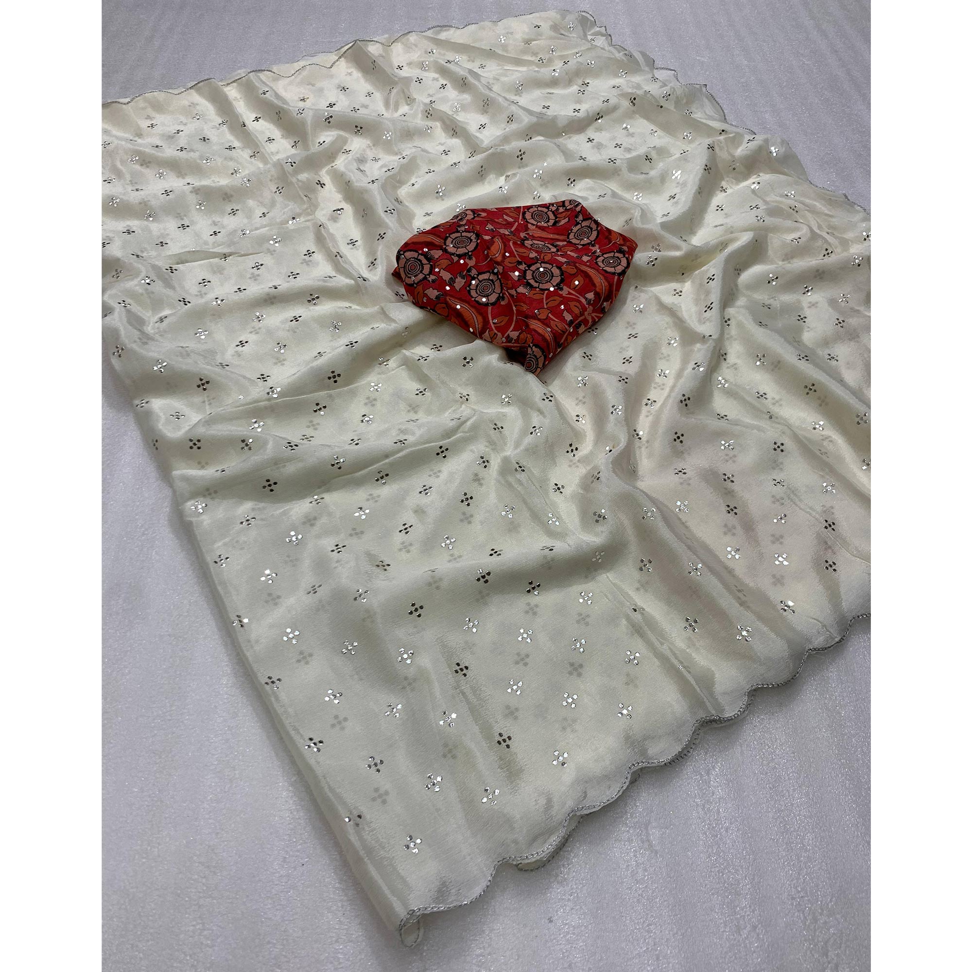 Offwhite Mukaish Work Chinon Saree