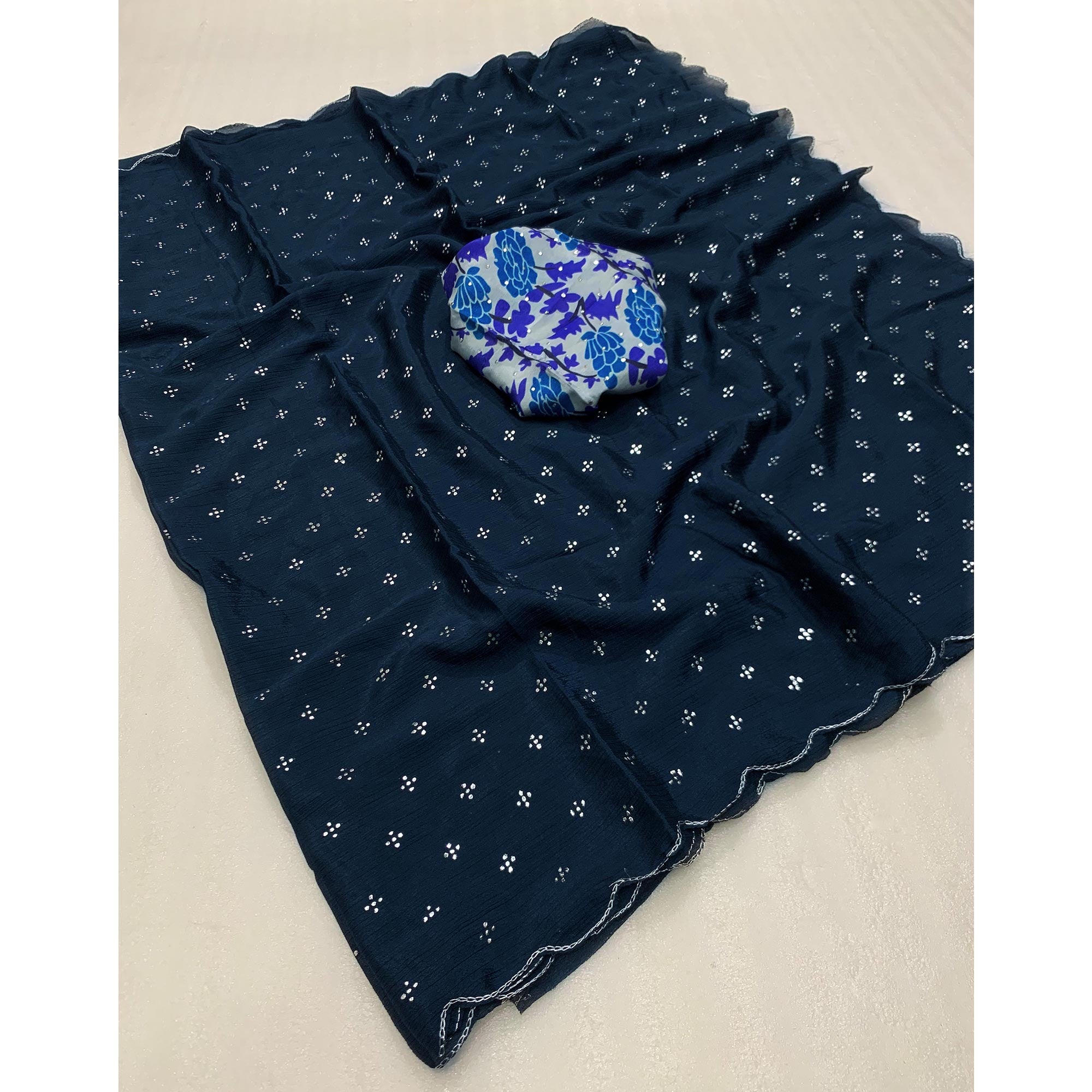 Teal Mukaish Work Chinon Saree