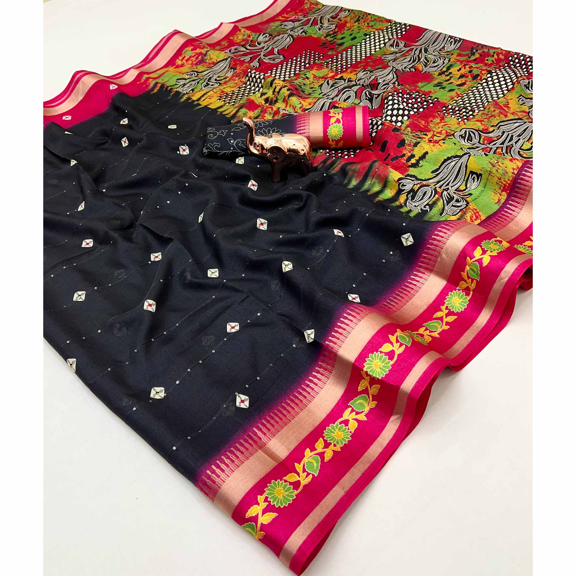 Stylish Black Cotton Blend Saree Featuring Bandhani & Floral Prints With Sparkling Sequins