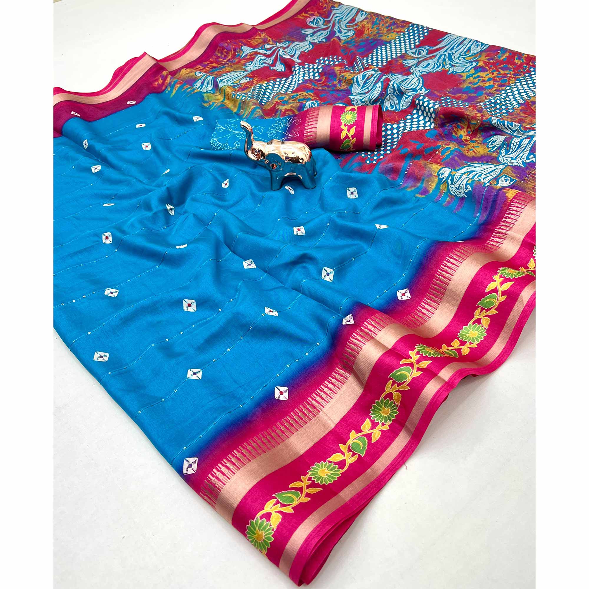 Stylish Blue Cotton Blend Saree Featuring Bandhani & Floral Prints With Sparkling Sequins