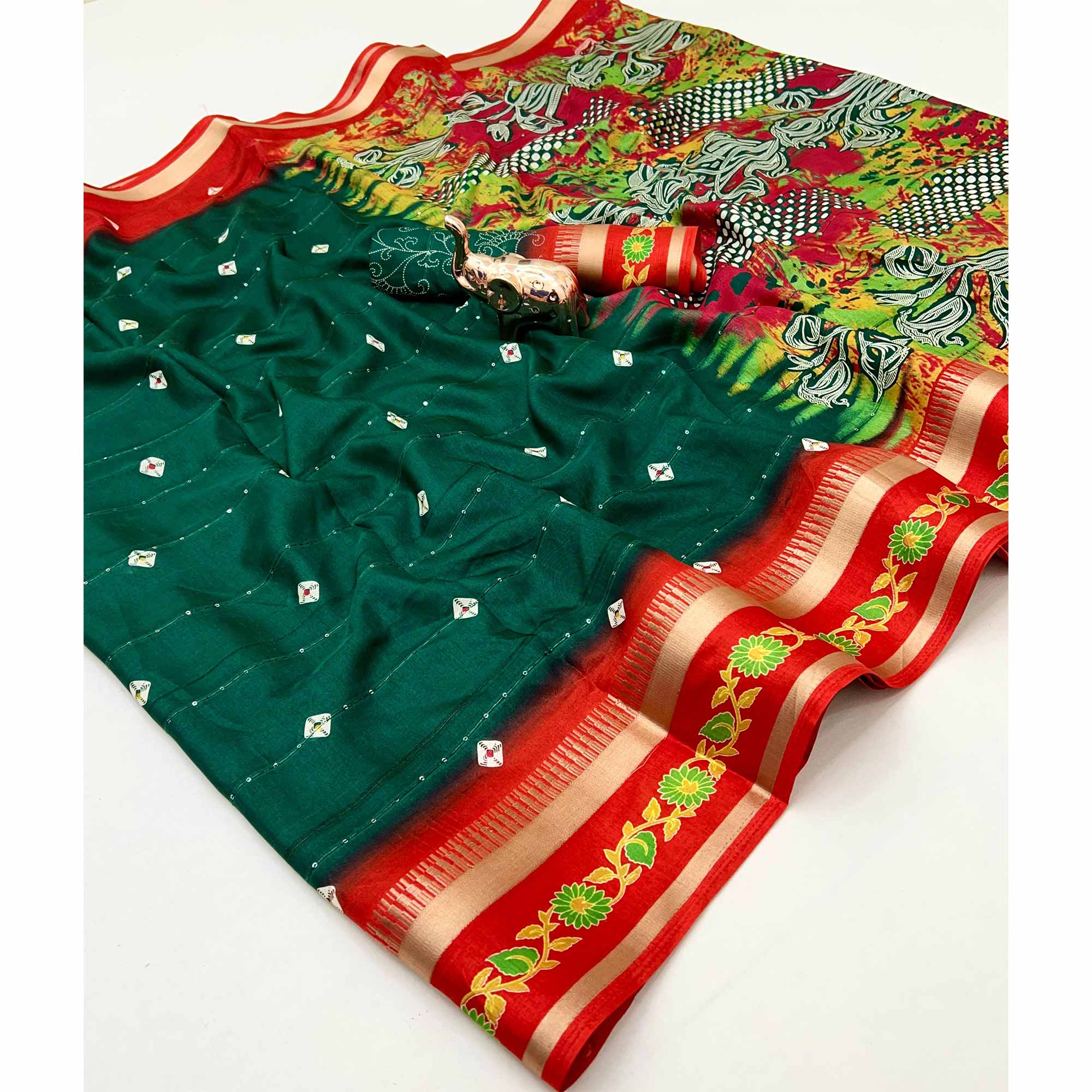 Stylish Green Cotton Blend Saree Featuring Bandhani & Floral Prints With Sparkling Sequins