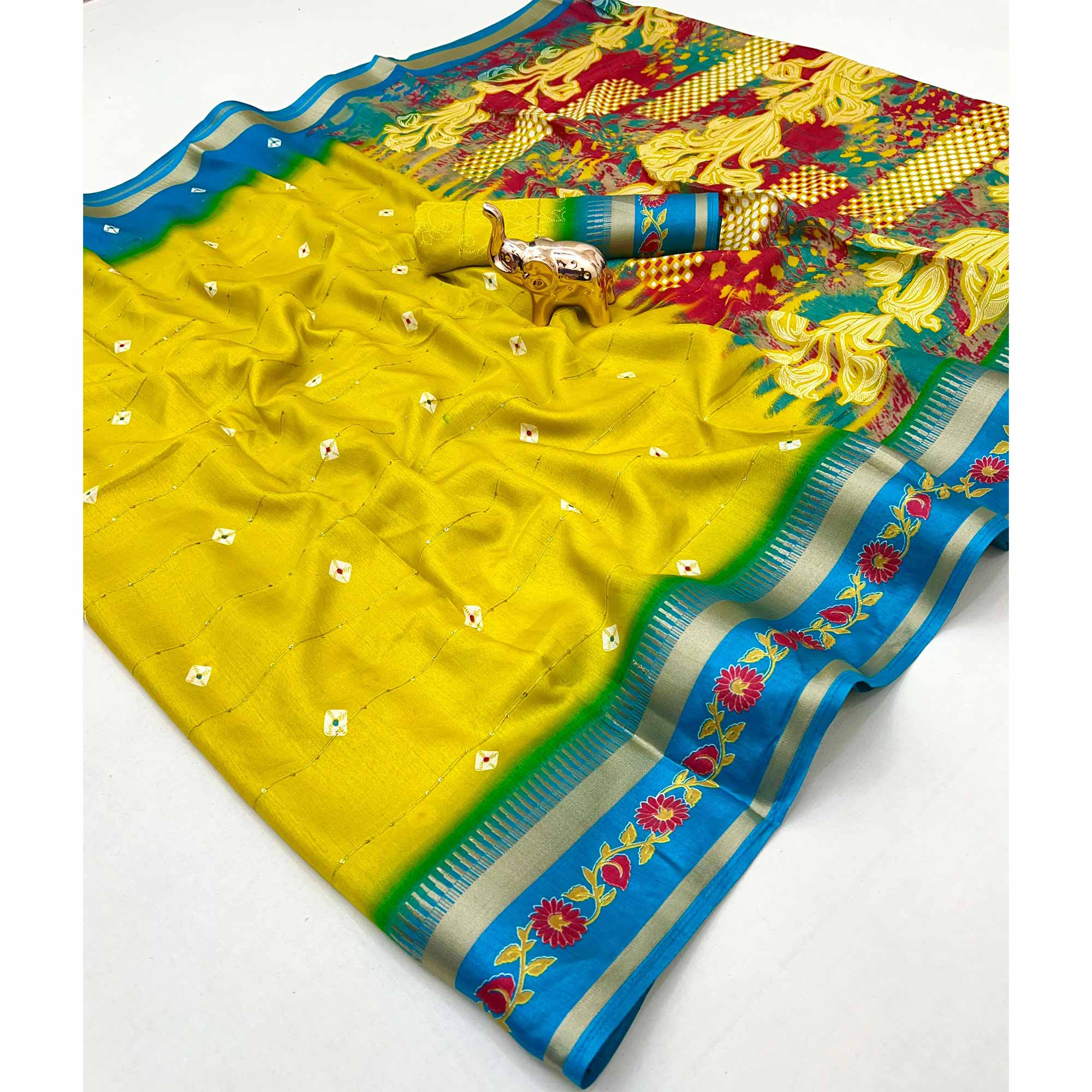 Stylish Lemon Yellow Cotton Blend Saree Featuring Bandhani & Floral Prints With Sparkling Sequins