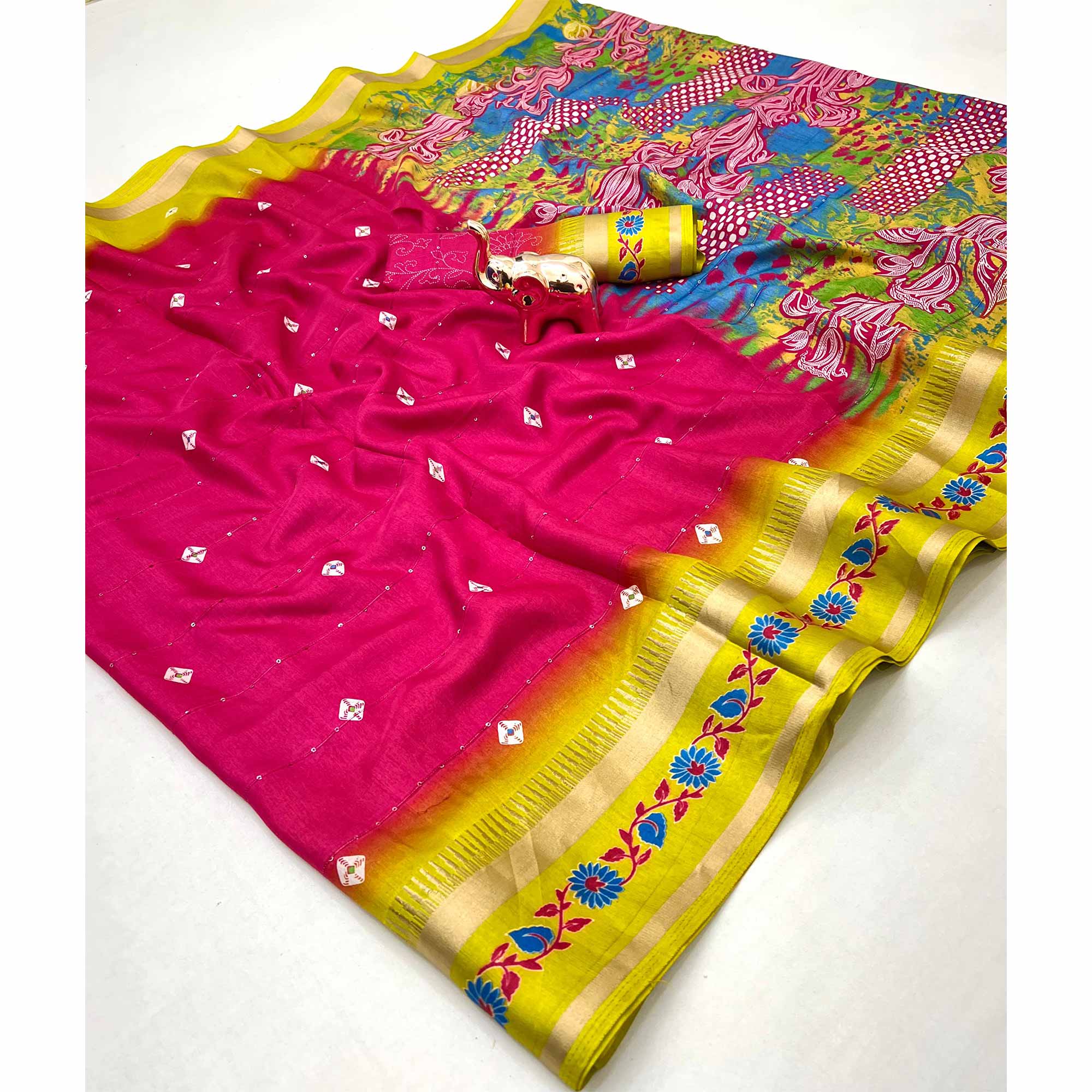 Stylish Rani Pink Cotton Blend Saree Featuring Bandhani & Floral Prints With Sparkling Sequins