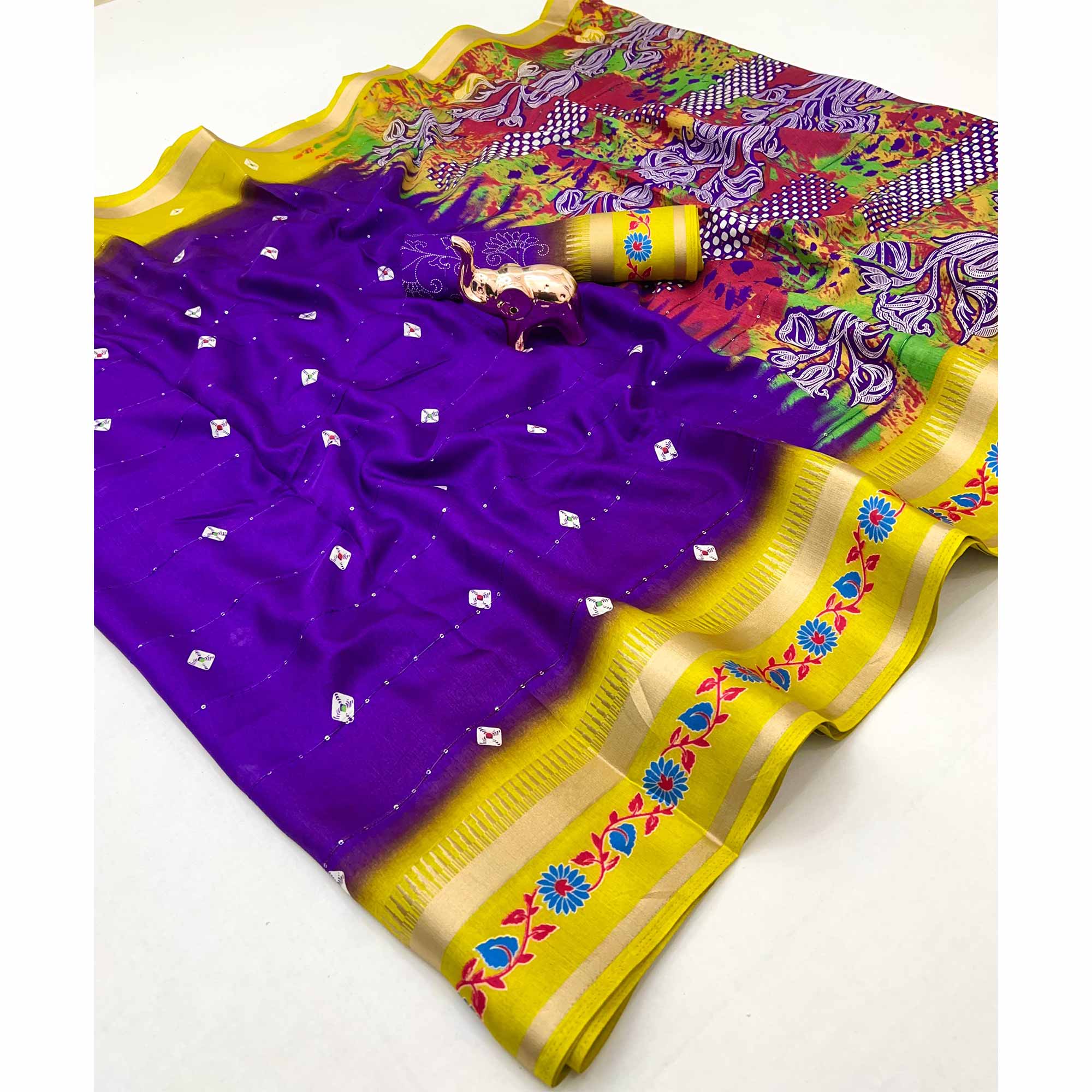 Stylish Roayl Purple Cotton Blend Saree Featuring Bandhani & Floral Prints With Sparkling Sequins