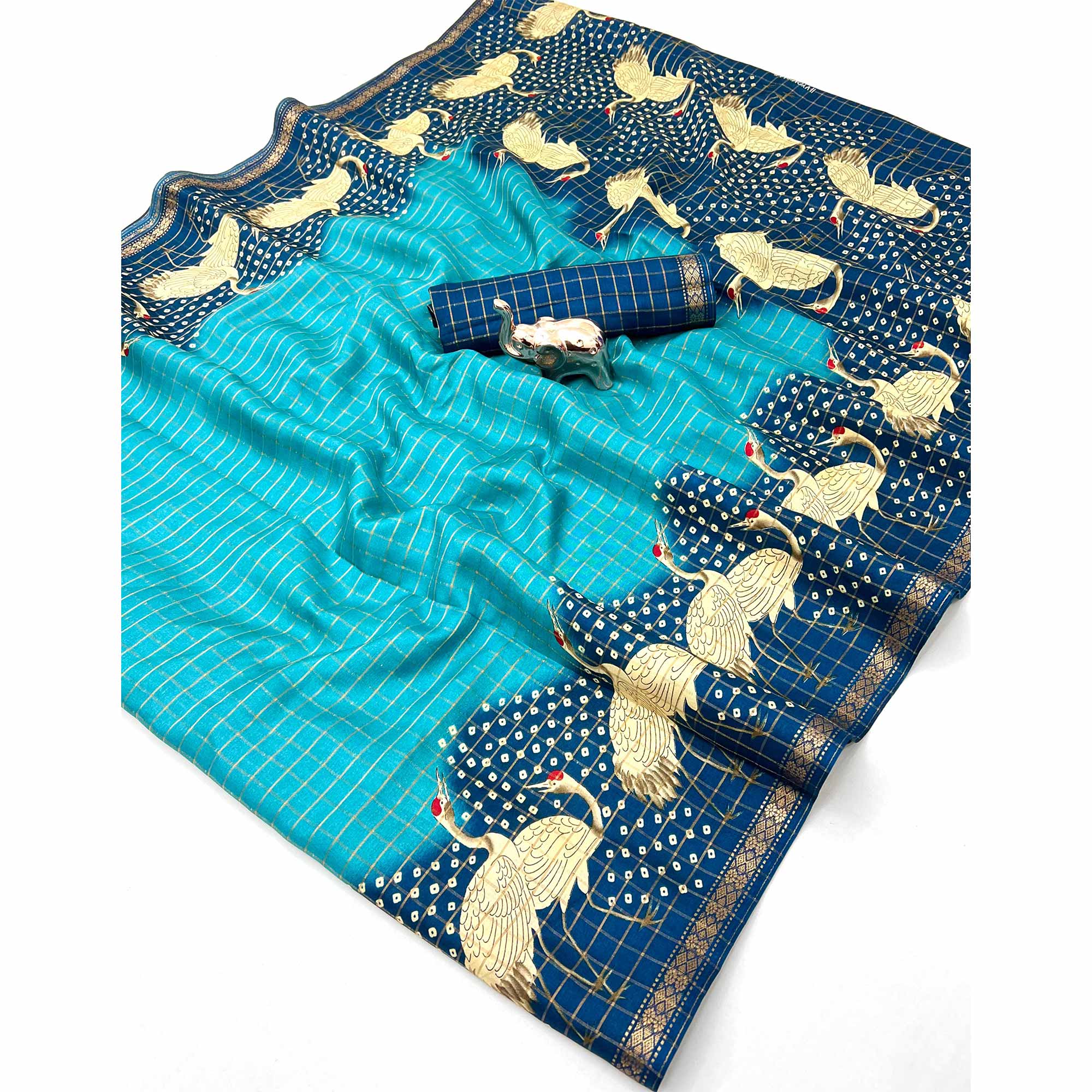 Elegant Blue Checks Weaving Tussar Silk Blend Saree Adorned With Artistic Bird Prints