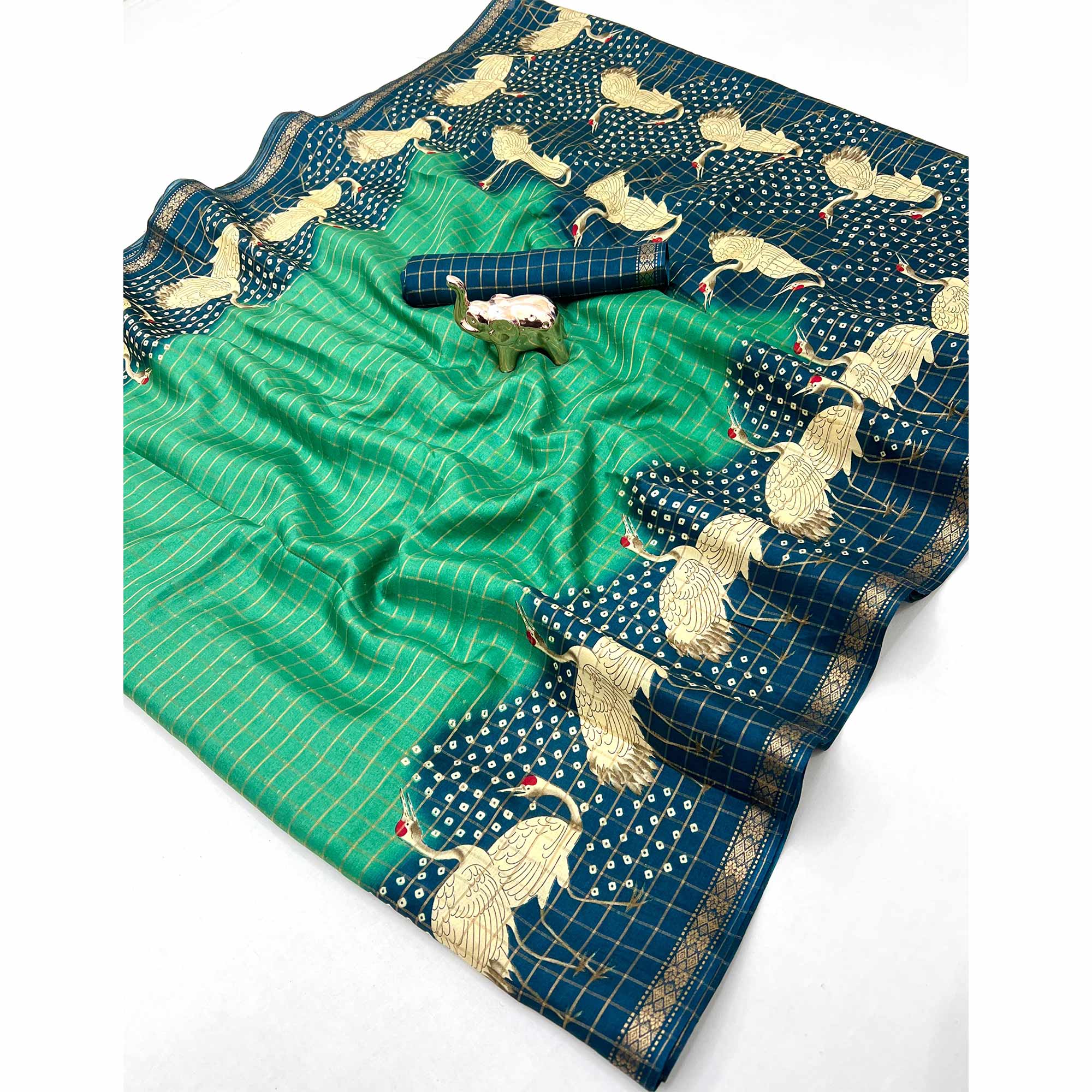 Elegant Rama Green & Blue Checks Weaving Tussar Silk Blend Saree Adorned With Artistic Bird Prints