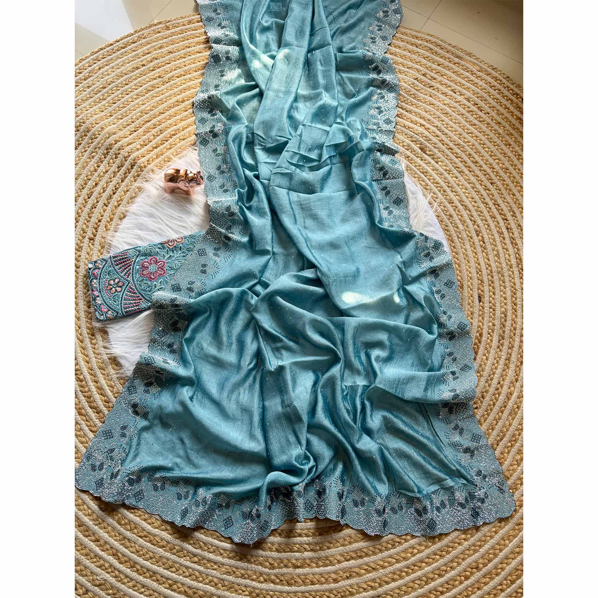 Elegant Blue Vichitra Silk Saree Adorned with Sparkling Swarovski Work & Jarkan Border