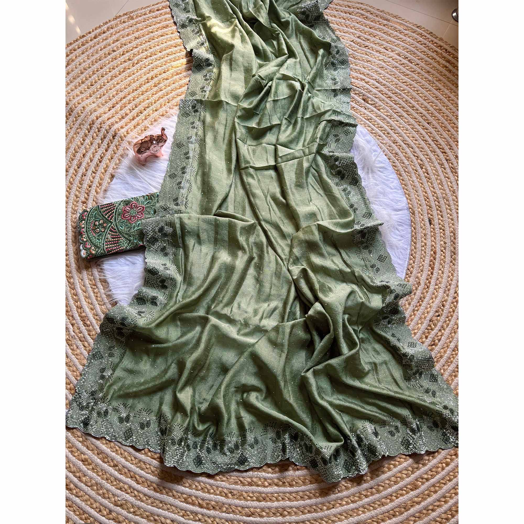 Elegant Green Vichitra Silk Saree Adorned with Sparkling Swarovski Work & Jarkan Border