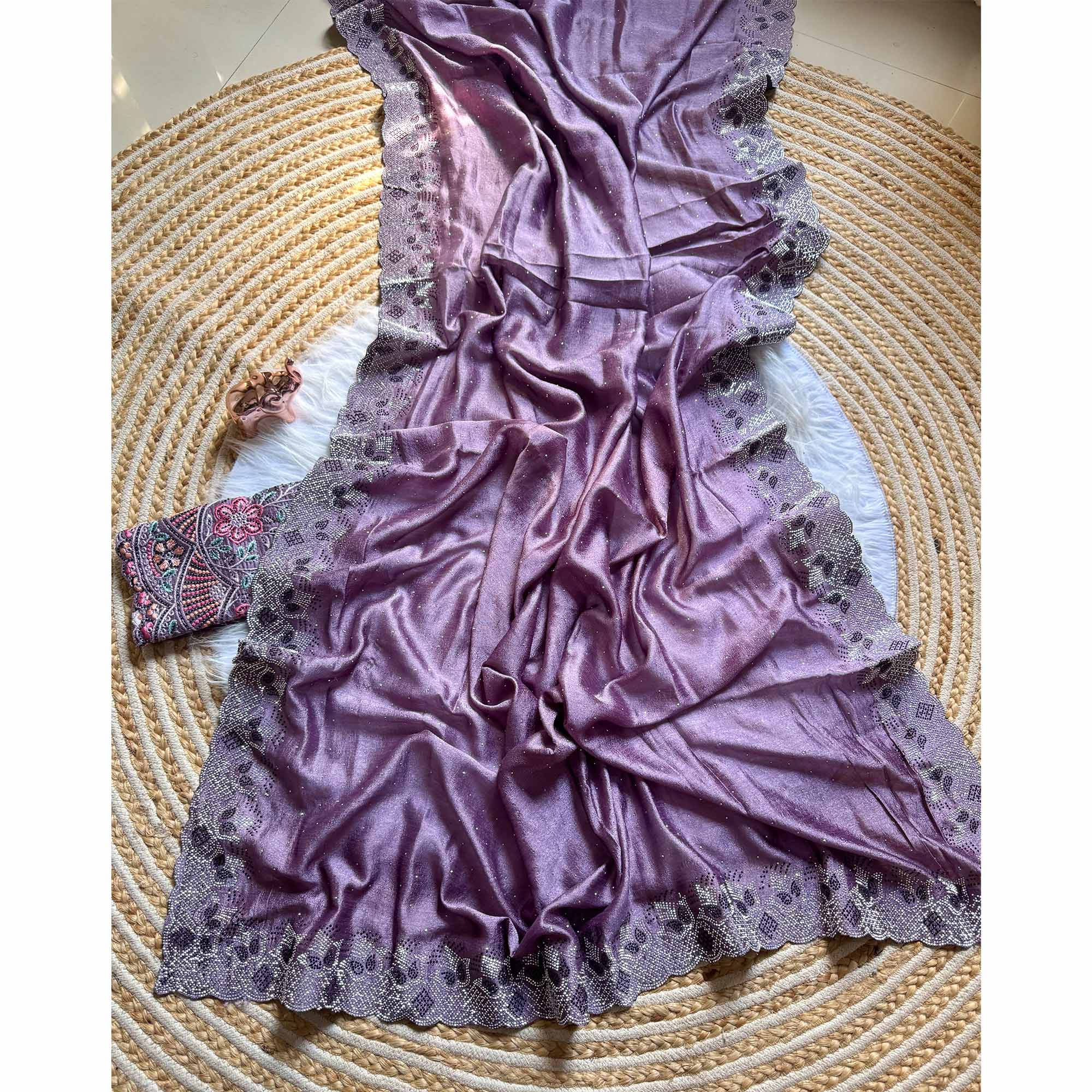 Elegant Lavender Vichitra Silk Saree Adorned with Sparkling Swarovski Work & Jarkan Border