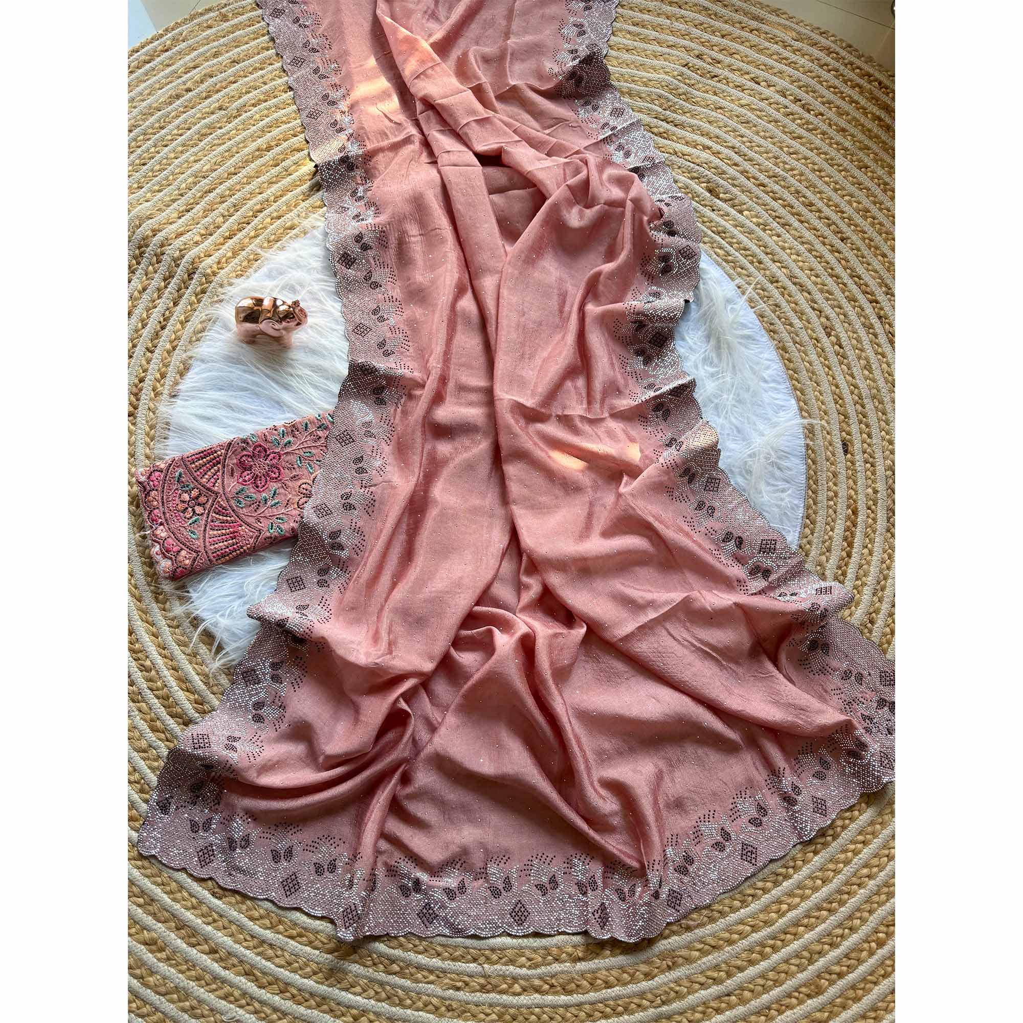 Elegant Peach Vichitra Silk Saree Adorned with Sparkling Swarovski Work & Jarkan Border