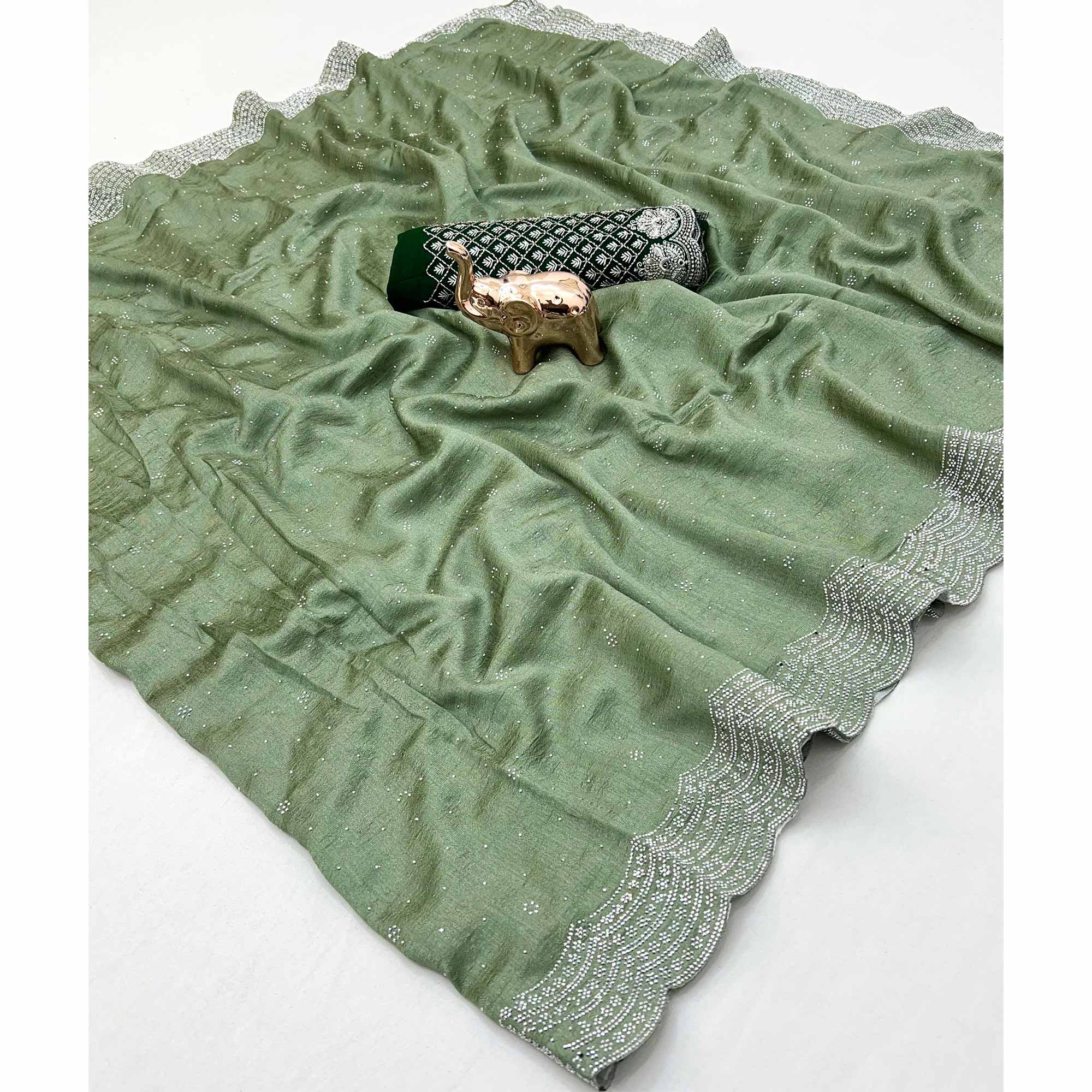 Green Shimmering Swarovski Embroidered Vichitra Silk Saree
