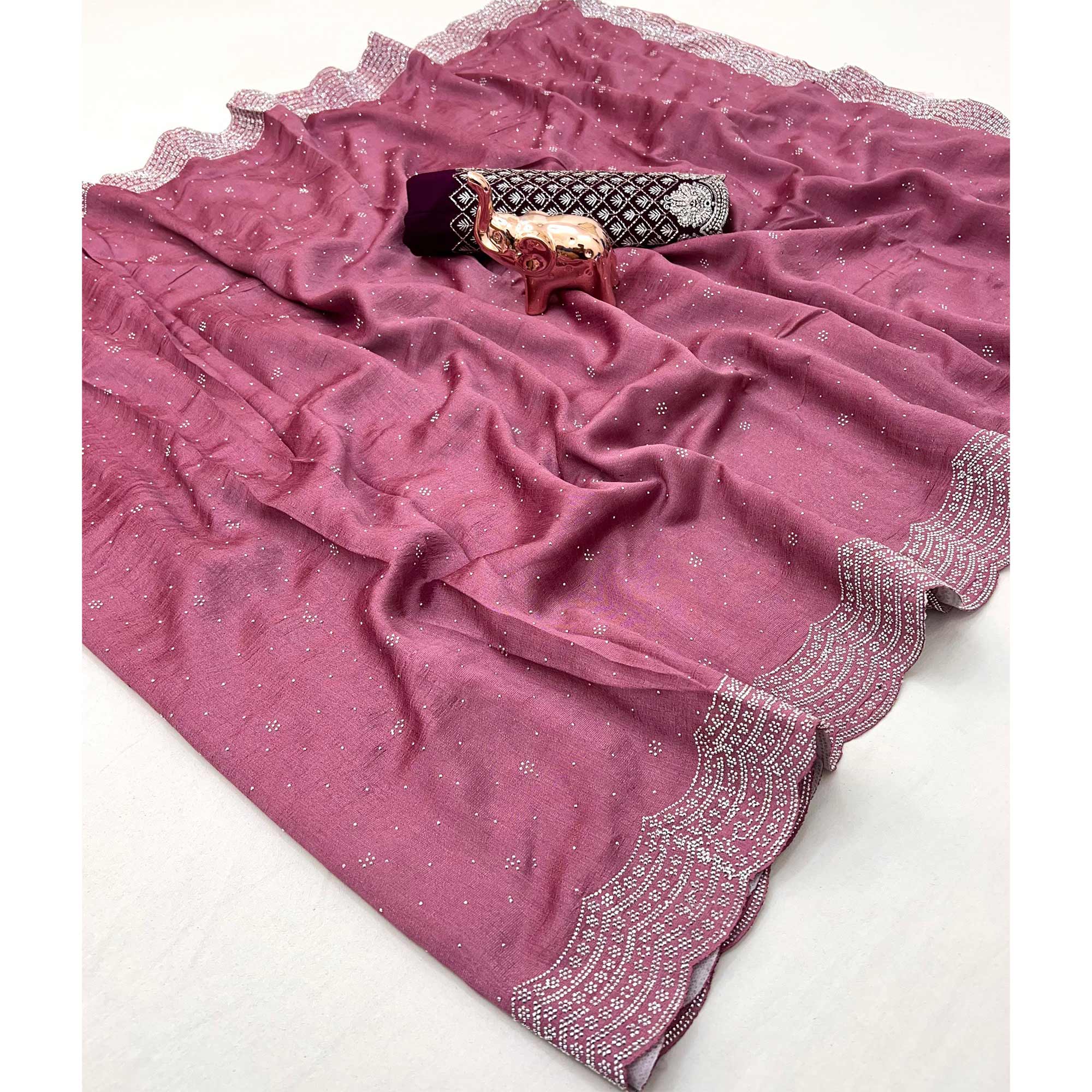 Mauve Shimmering Swarovski Embroidered Vichitra Silk Saree