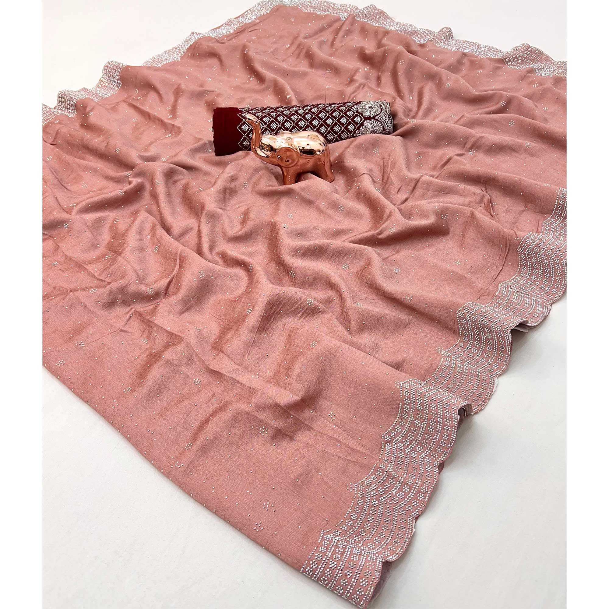 Peach Shimmering Swarovski Embroidered Vichitra Silk Saree