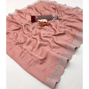 Peach Shimmering Swarovski Embroidered Vichitra Silk Saree