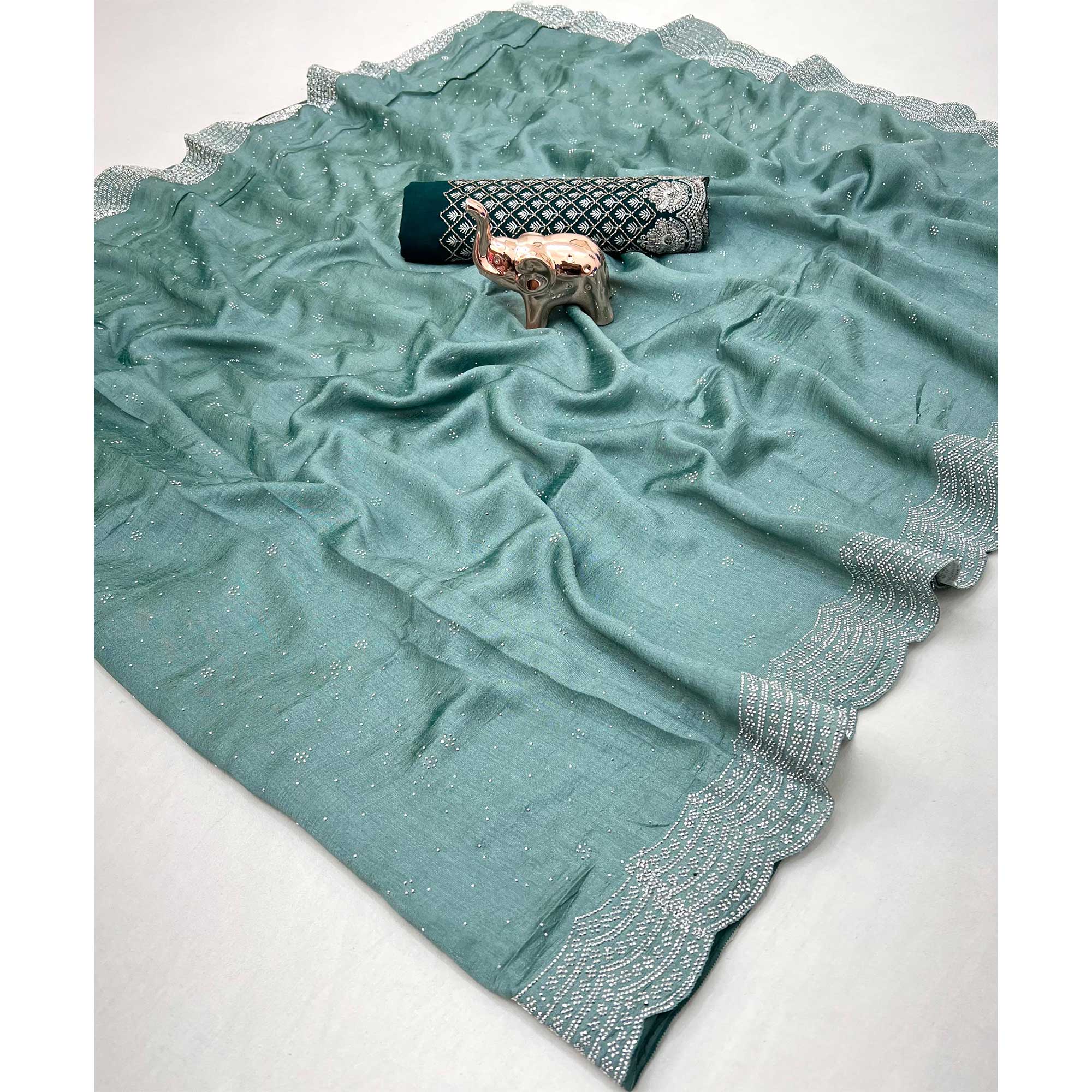 Sea Green Shimmering Swarovski Embroidered Vichitra Silk Saree