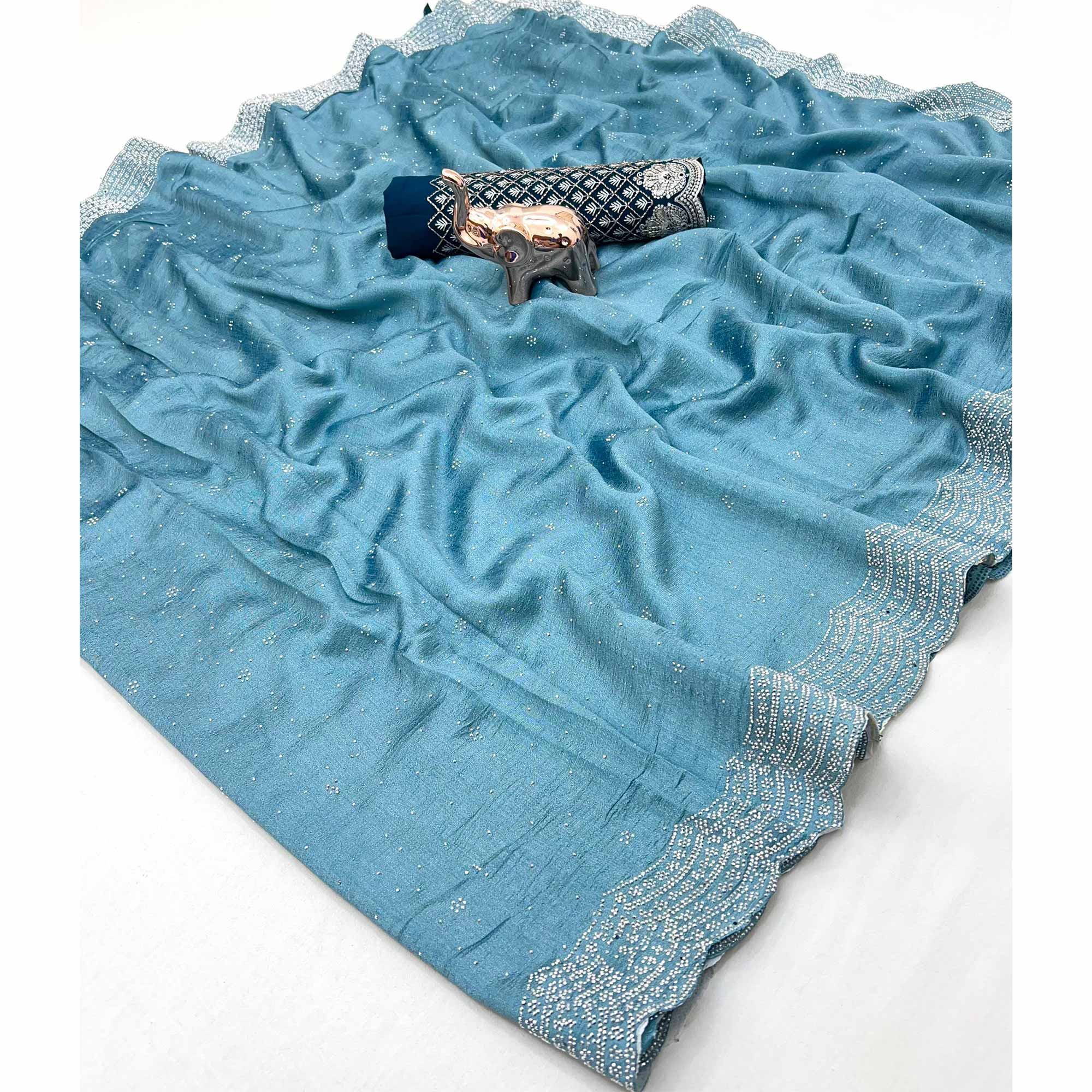 Sky Blue Shimmering Swarovski Embroidered Vichitra Silk Saree