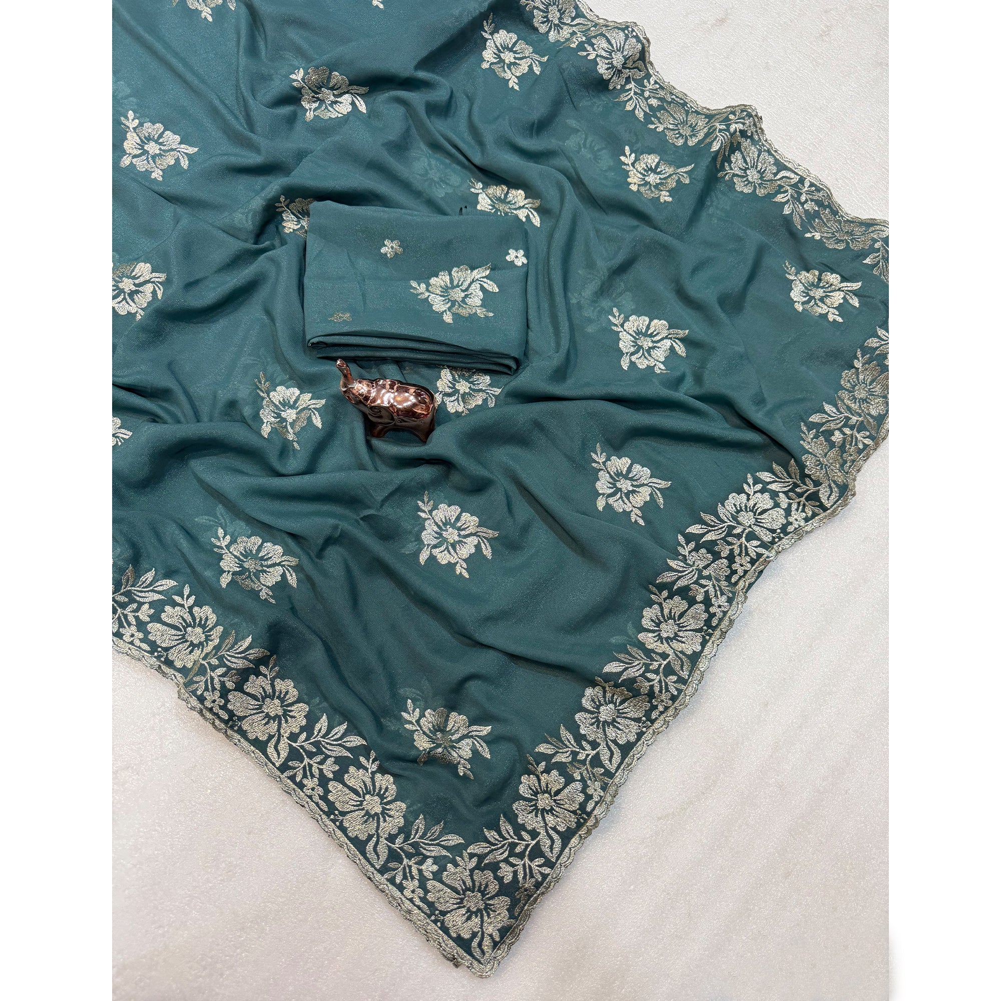 Stunning Dusty Turquoise Georgette Saree with Floral Zari Embroidery & Ornate Cutwork Border