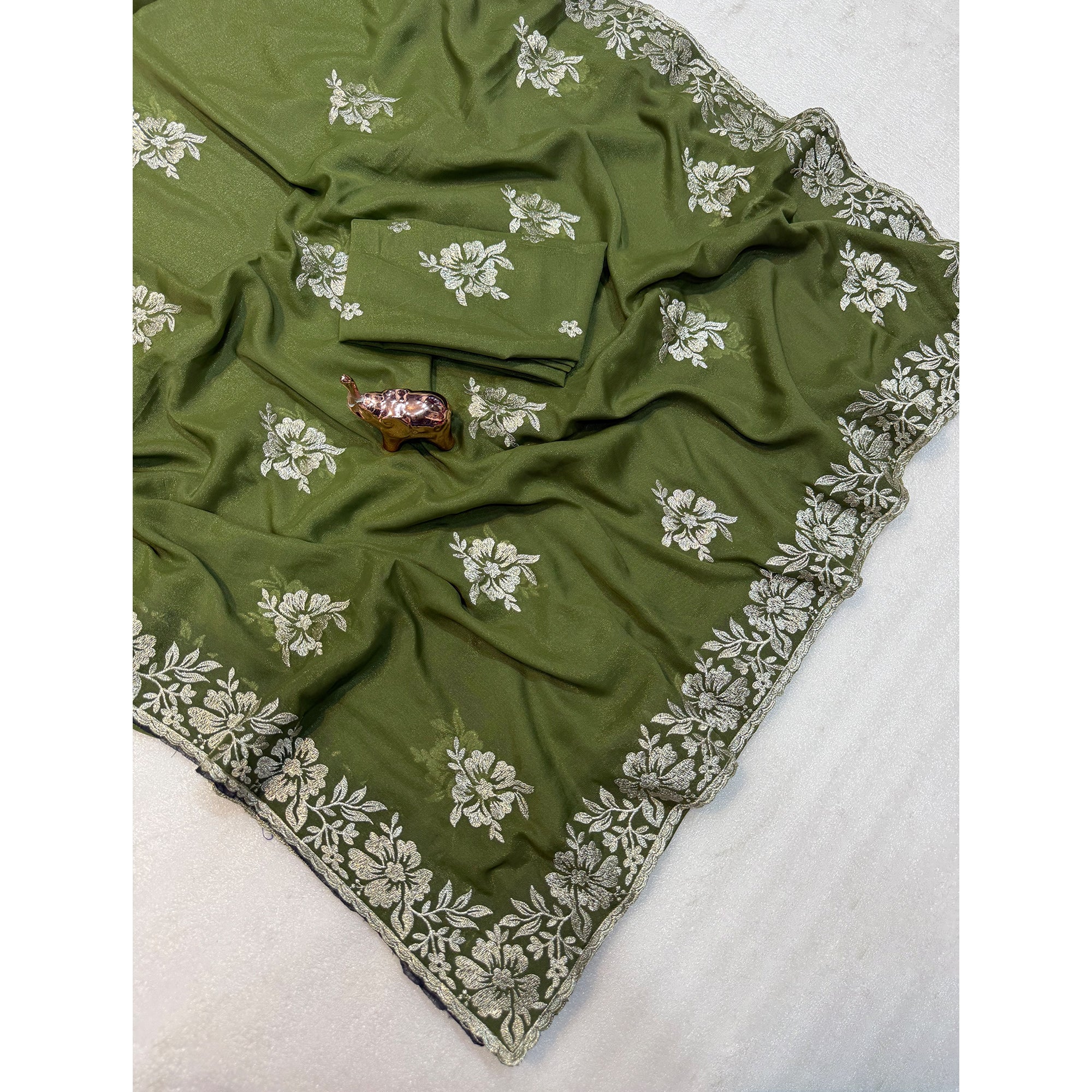 Stunning Green Georgette Saree with Floral Zari Embroidery & Ornate Cutwork Border