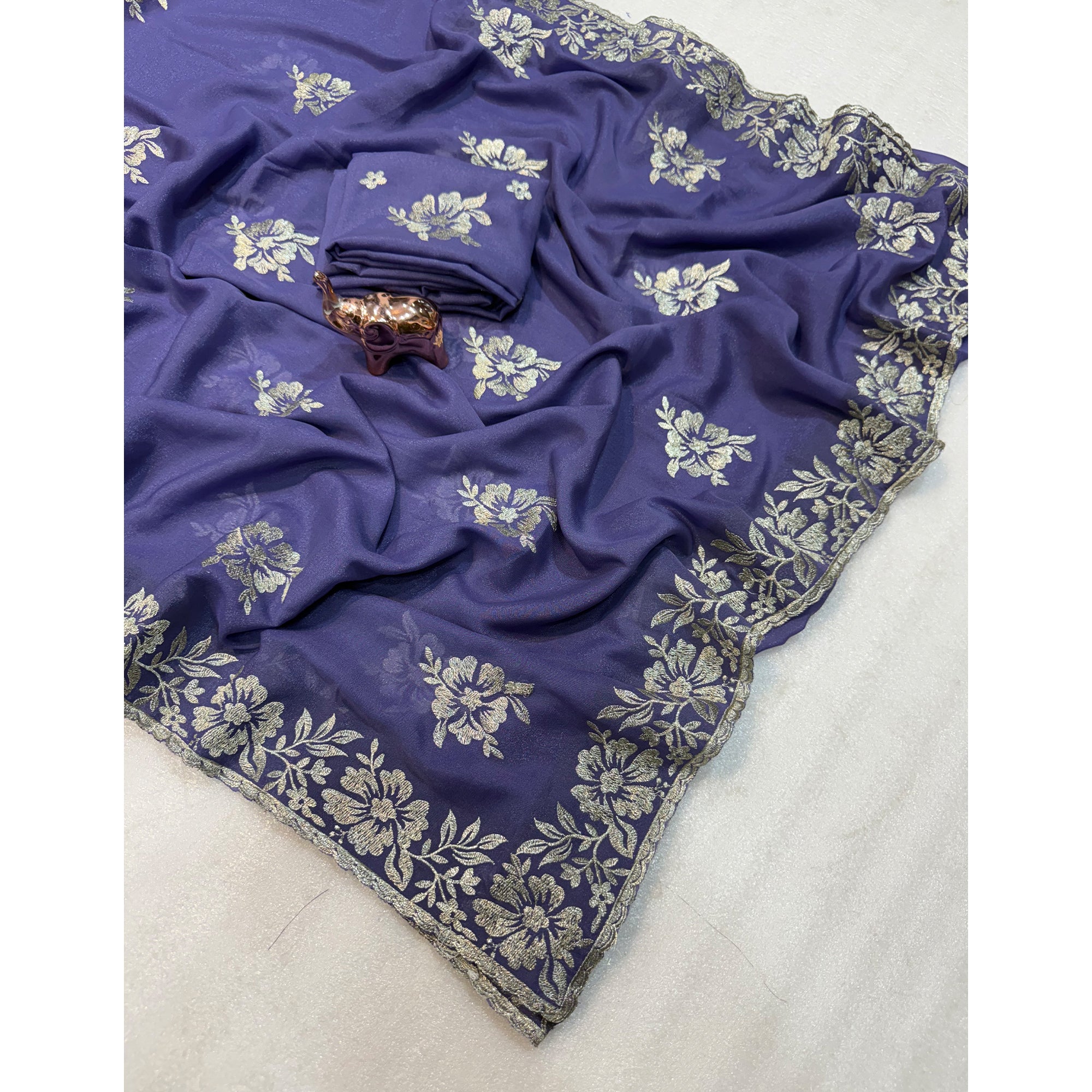 Stunning Majorelle Blue Georgette Saree with Floral Zari Embroidery & Ornate Cutwork Border