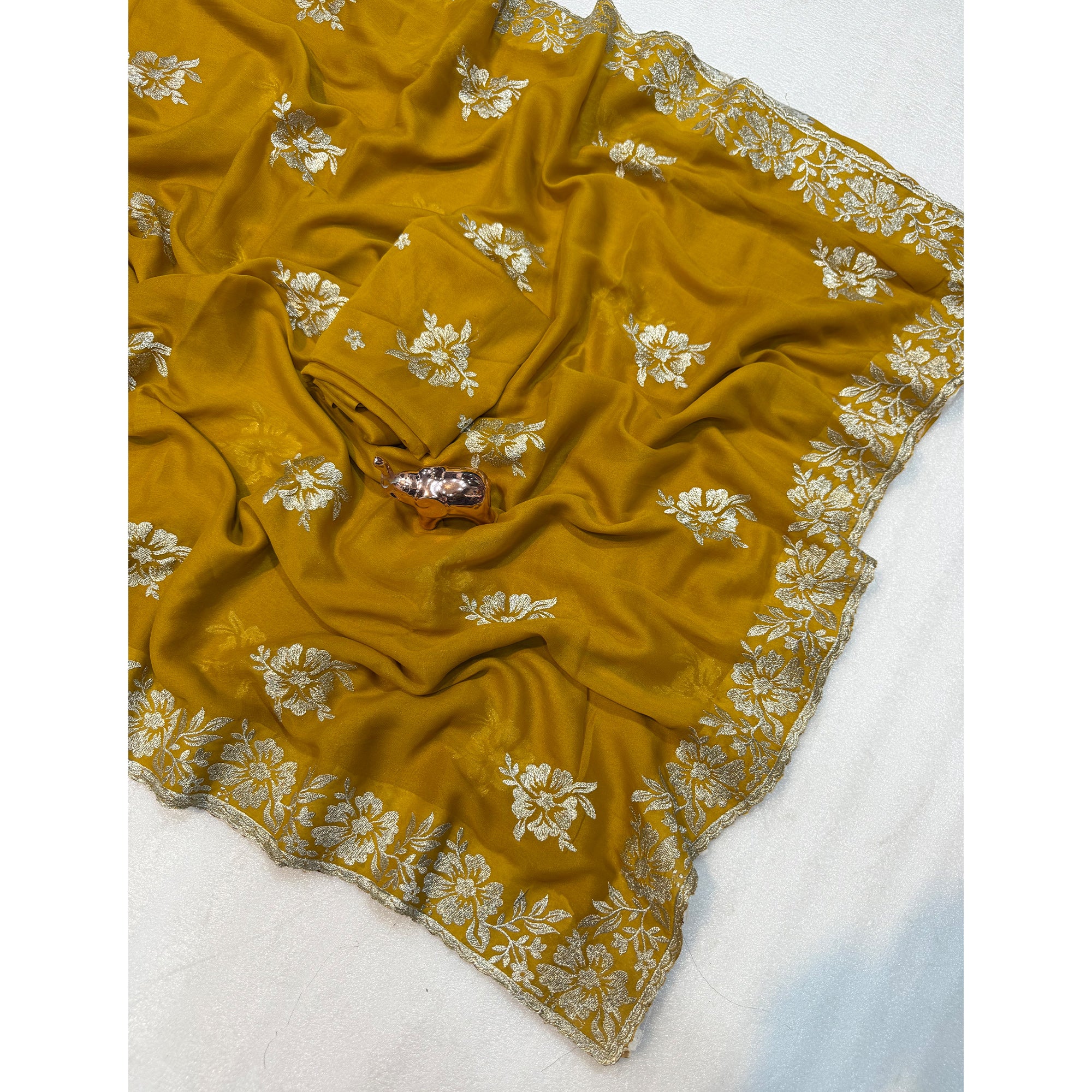 Stunning Mustard Georgette Saree with Floral Zari Embroidery & Ornate Cutwork Border