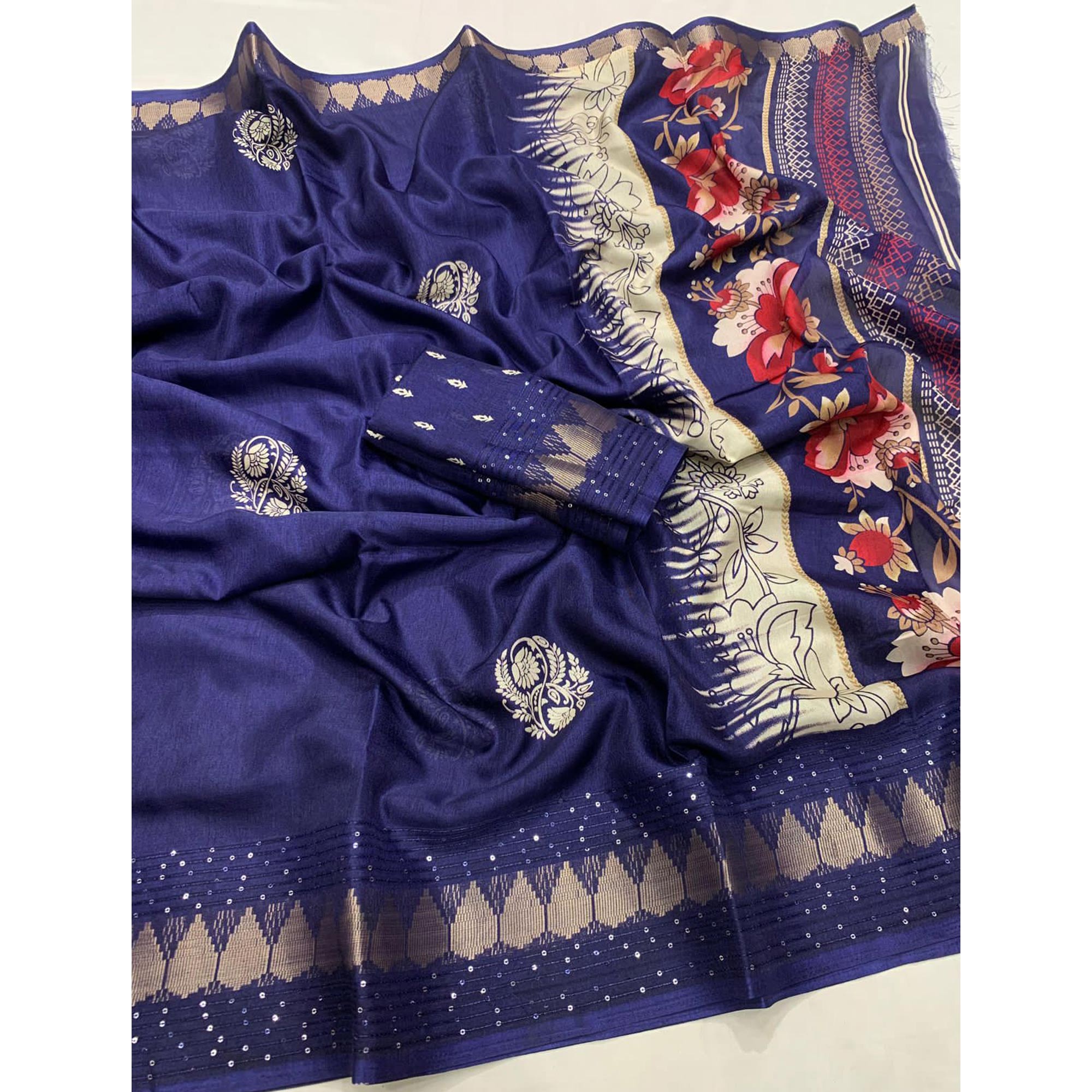 Blue Floral Printed Dola Silk Saree With Sequins Border