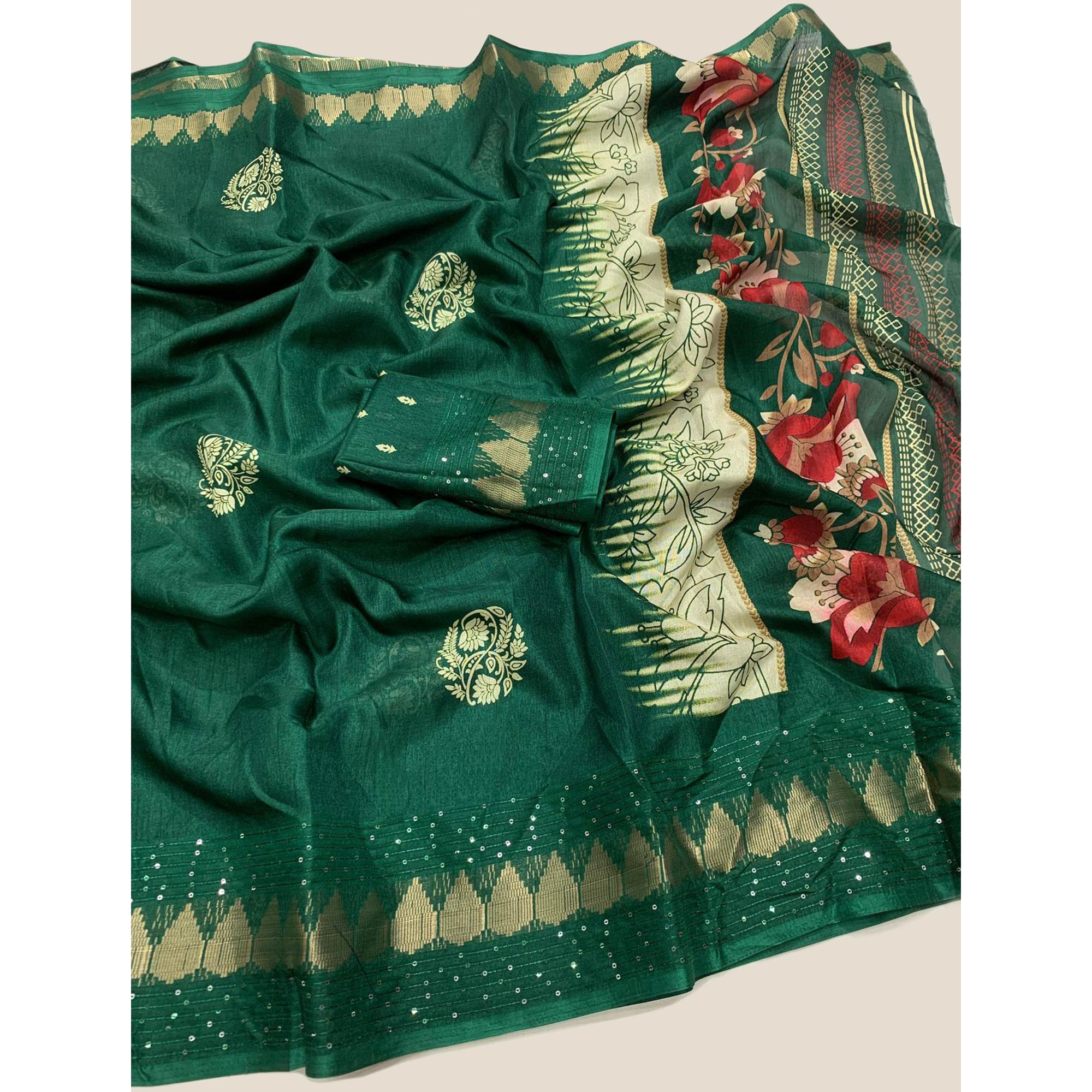 Green Floral Printed Dola Silk Saree With Sequins Border