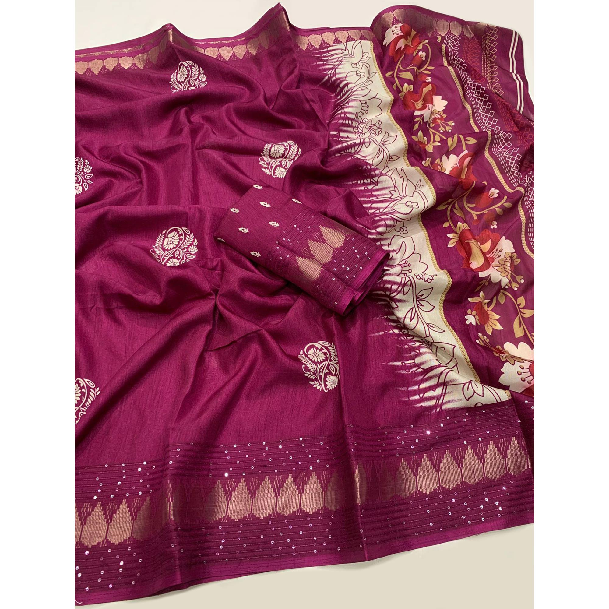 Pink Floral Printed Dola Silk Saree With Sequins Border