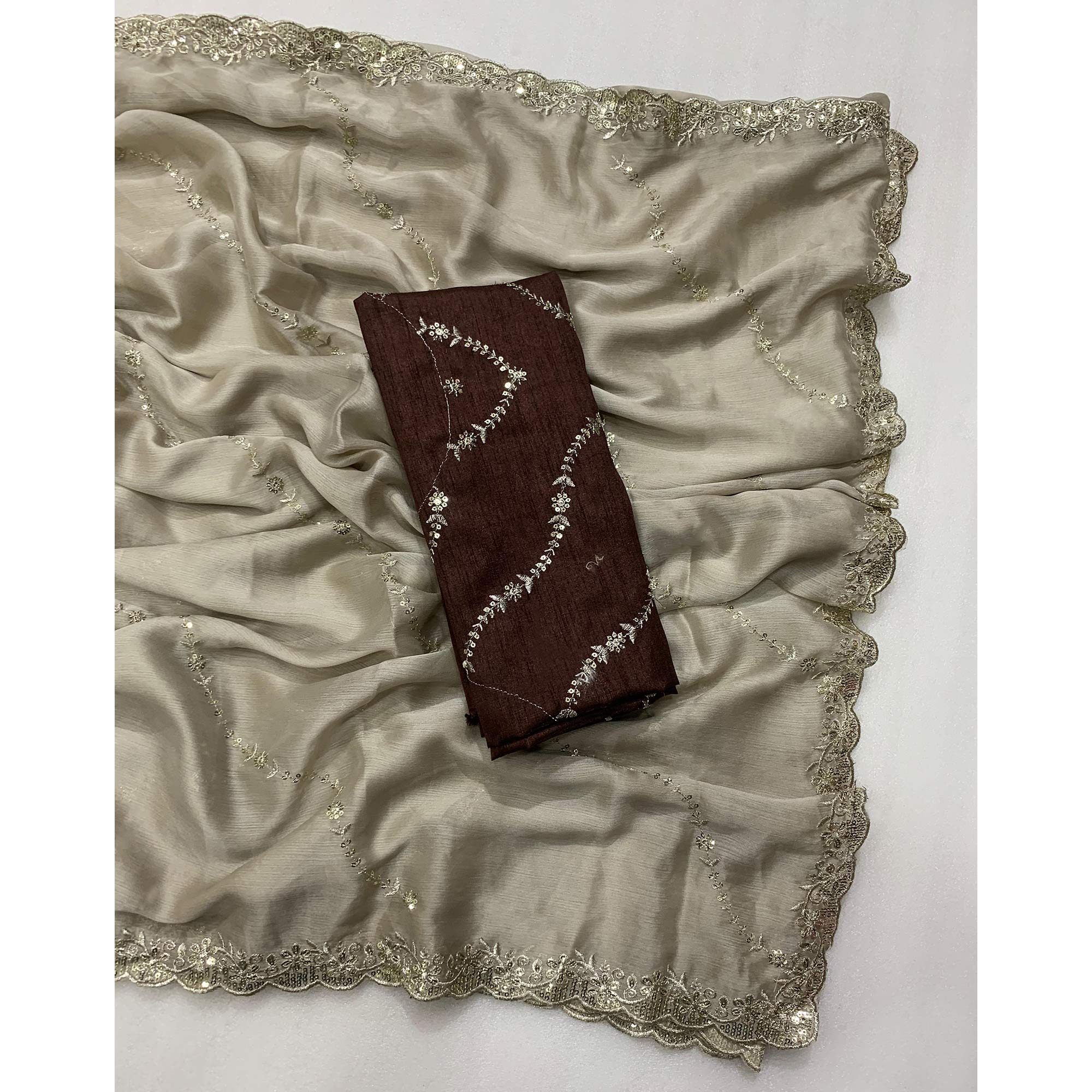 Beige Floral Sequins Embroidered Chiffon Saree