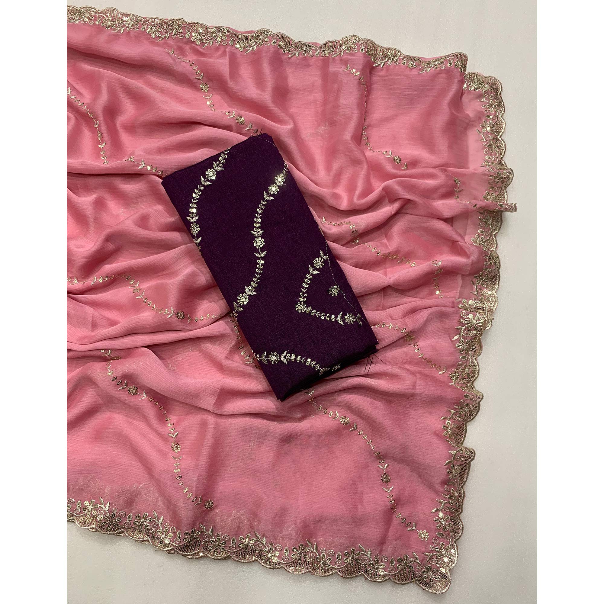 Pink Floral Sequins Embroidered Chiffon Saree