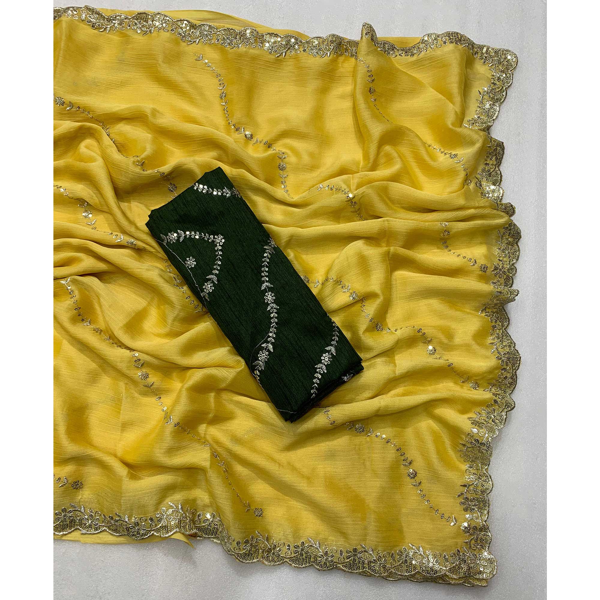 Yellow Floral Sequins Embroidered Chiffon Saree