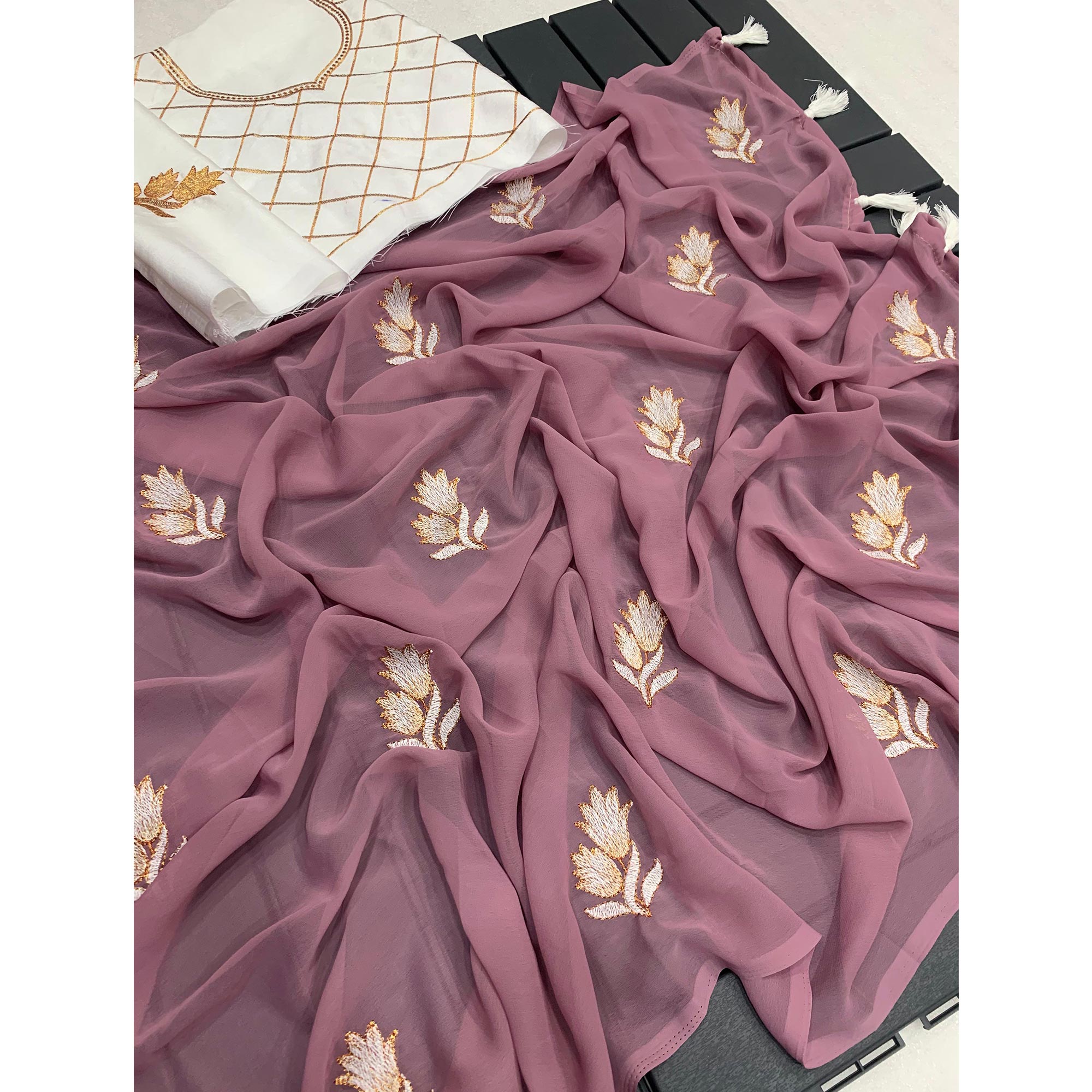 Mauve Floral Embroidered Georgette Saree