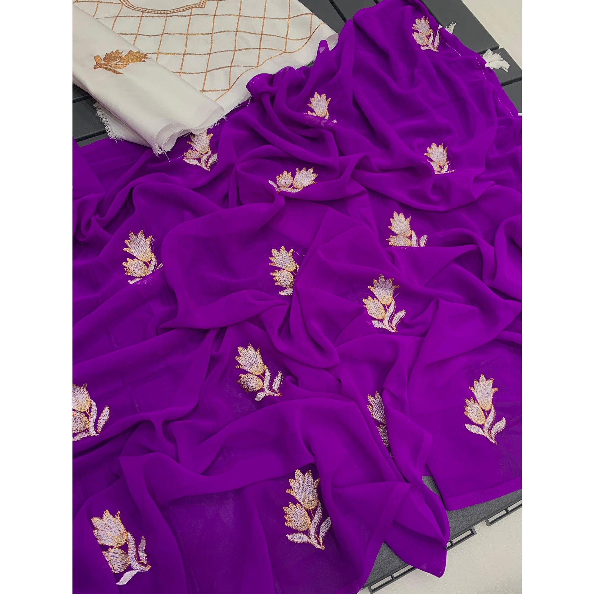 Purple Floral Embroidered Georgette Saree