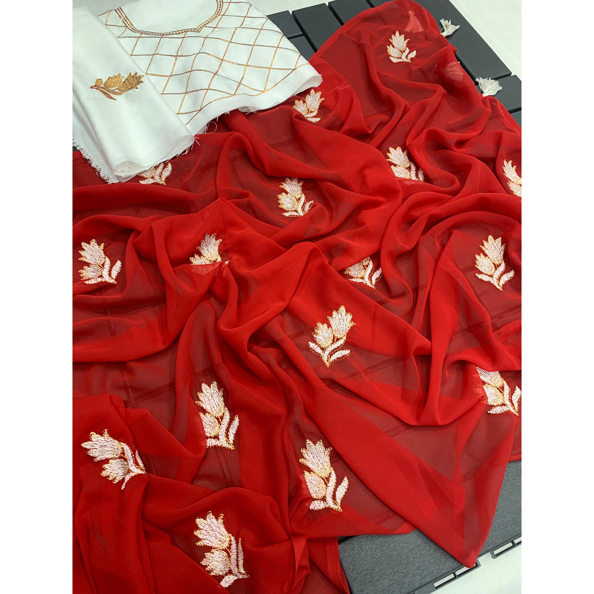 Red Floral Embroidered Georgette Saree