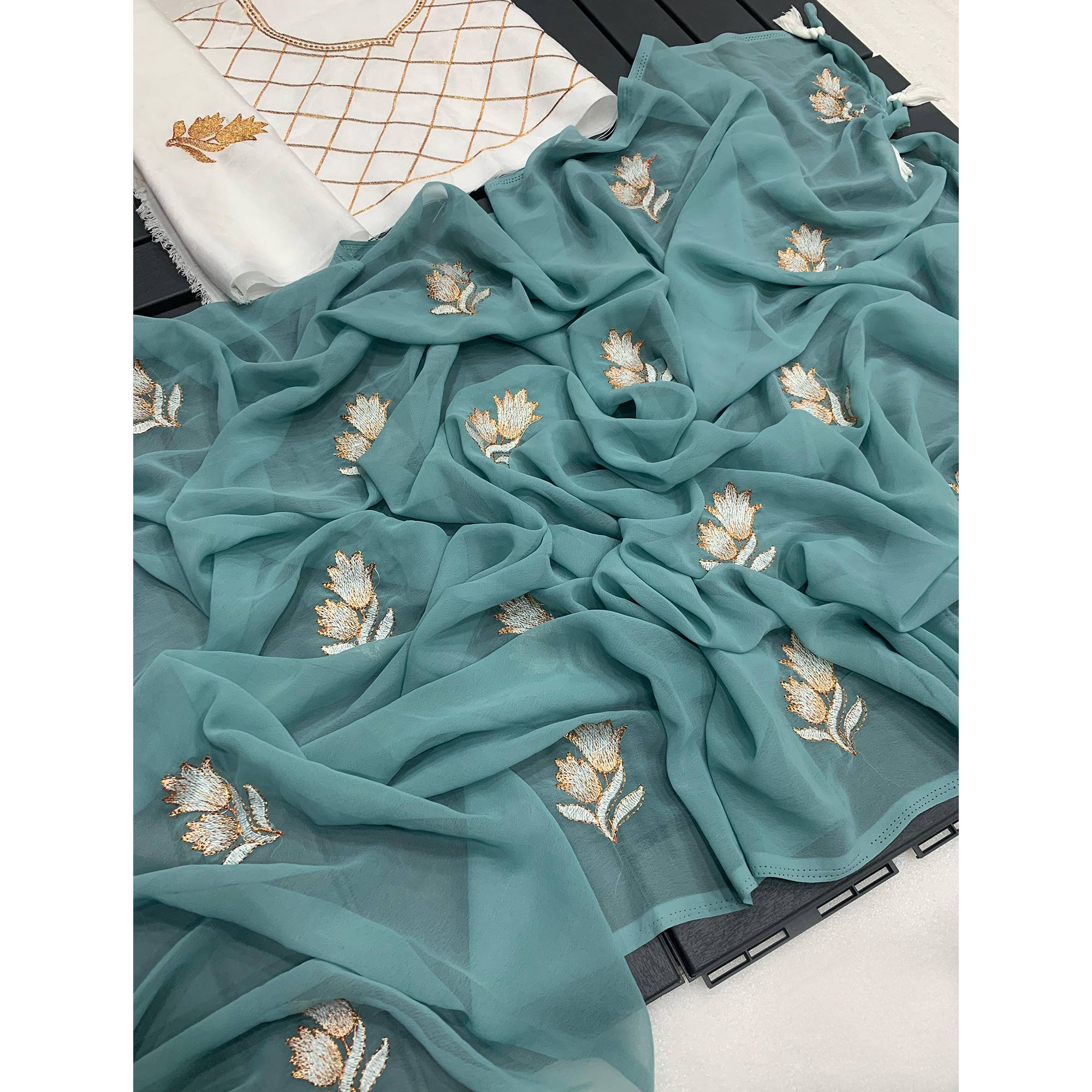Turquoise Floral Embroidered Georgette Saree