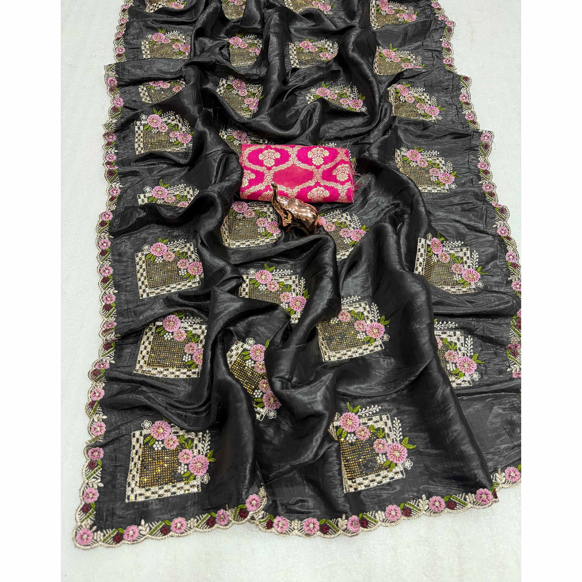Stunning Black Floral Embroidery & Swarovski Adorned Paper Silk Saree with Cutwork Border