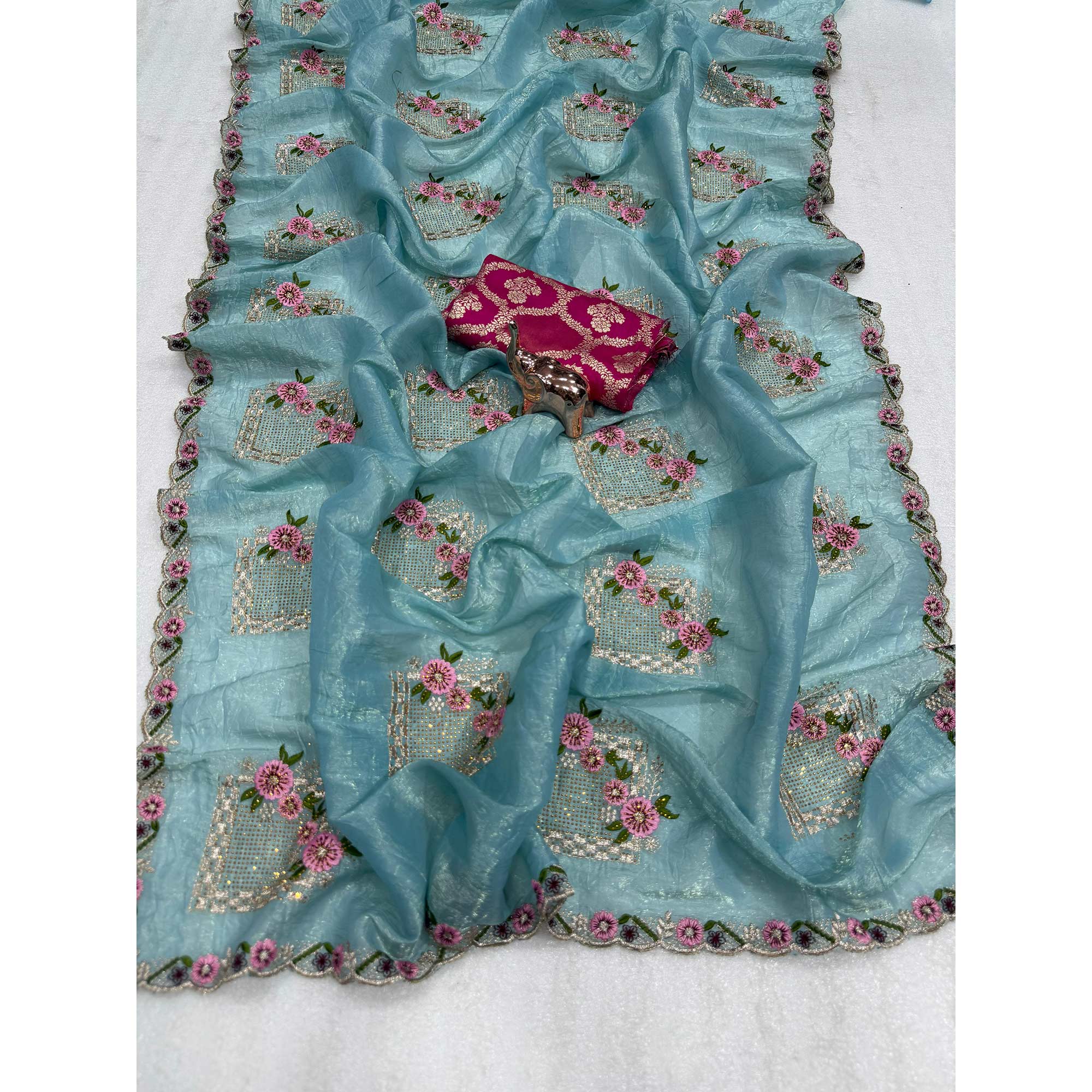 Stunning Blue Floral Embroidery & Swarovski Adorned Paper Silk Saree with Cutwork Border