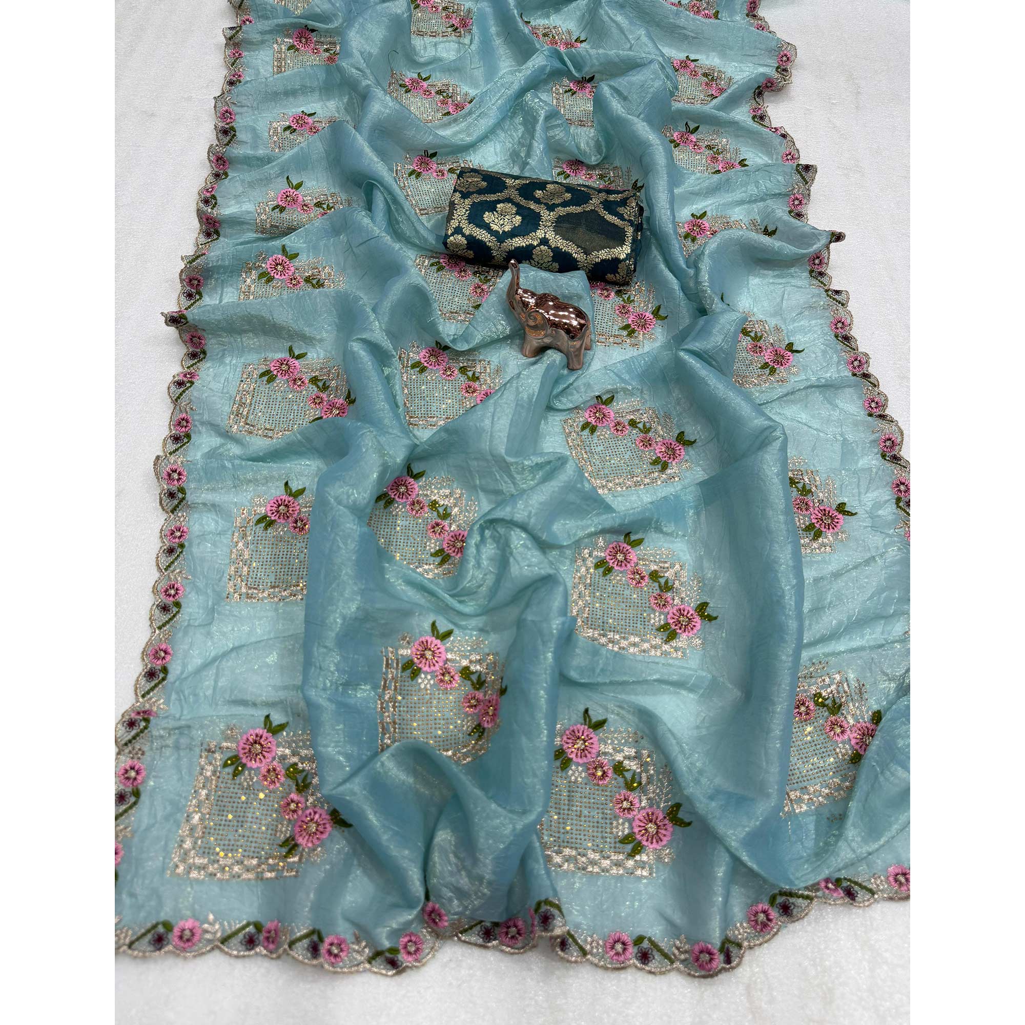 Stunning Blue Floral Embroidery & Swarovski Adorned Paper Silk Saree with Cutwork Border