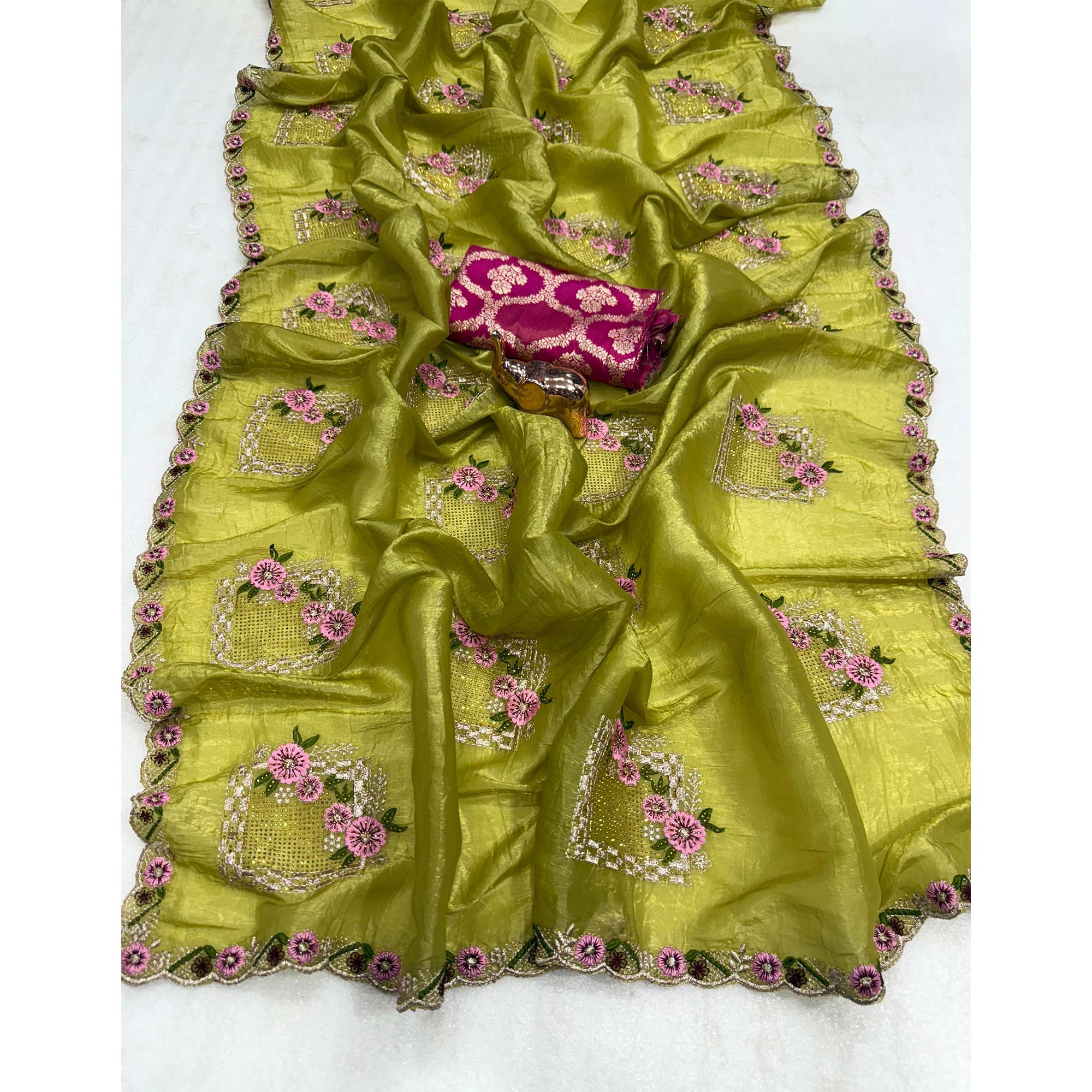 Stunning Olive Floral Embroidery & Swarovski Adorned Paper Silk Saree with Cutwork Border