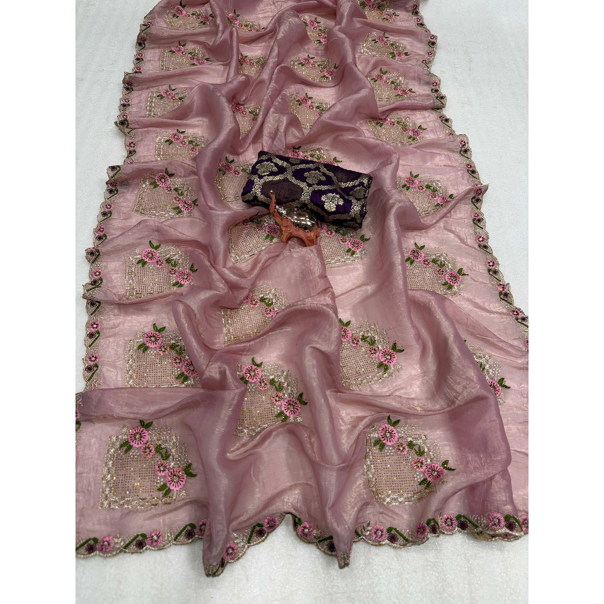 Stunning Pink Floral Embroidery & Swarovski Adorned Paper Silk Saree with Cutwork Border