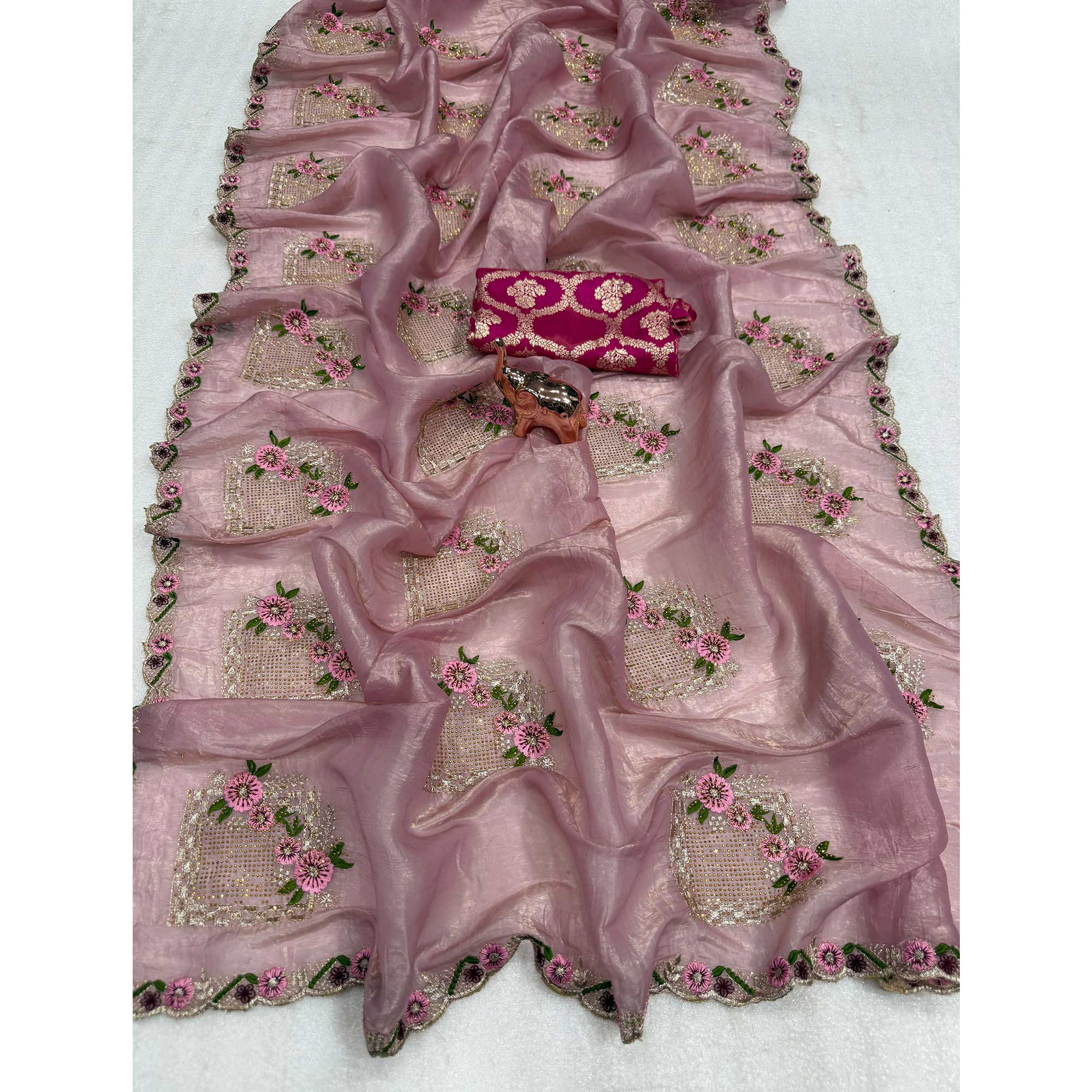 Stunning Pink Floral Embroidery & Swarovski Adorned Paper Silk Saree with Cutwork Border