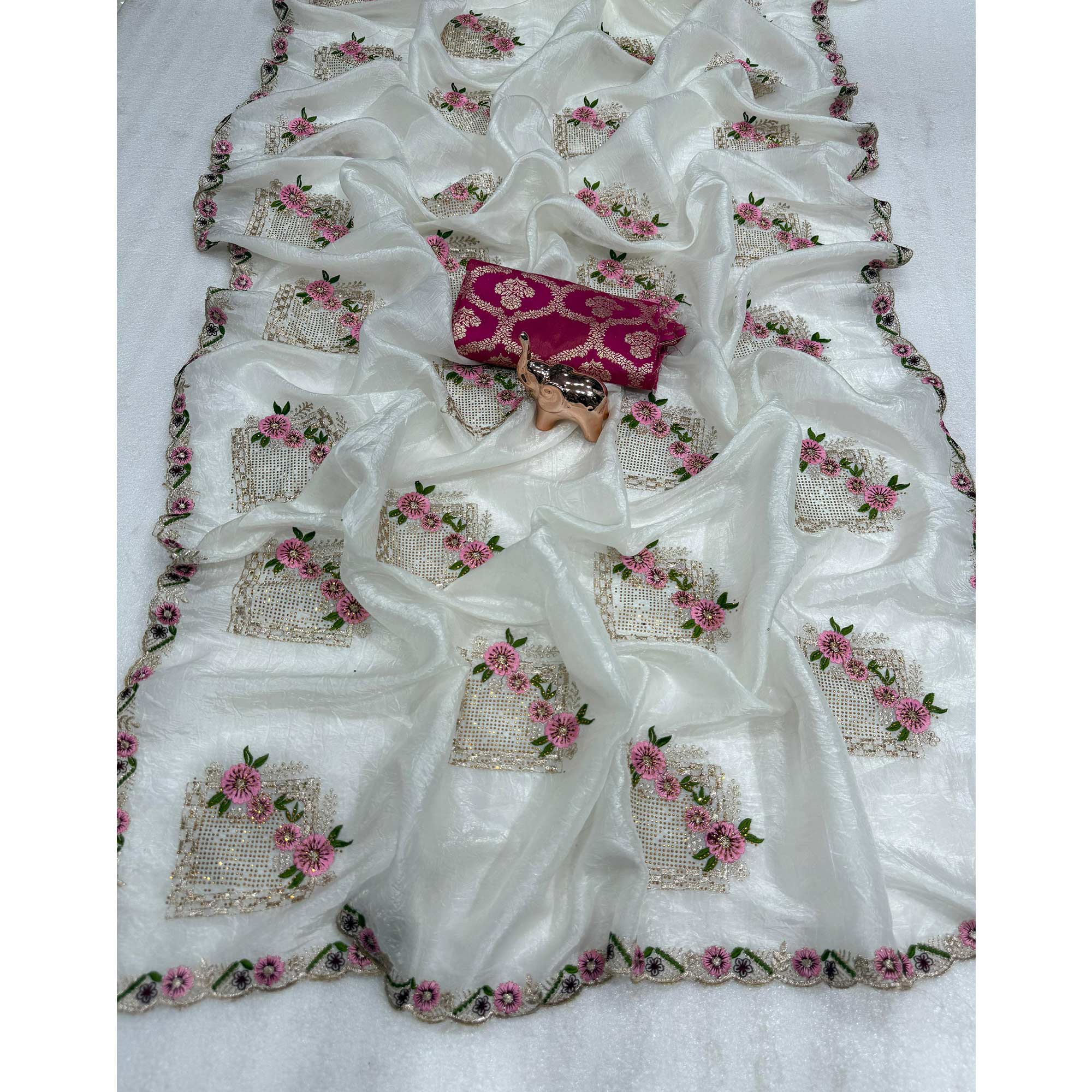 Stunning White Floral Embroidery & Swarovski Adorned Paper Silk Saree with Cutwork Border