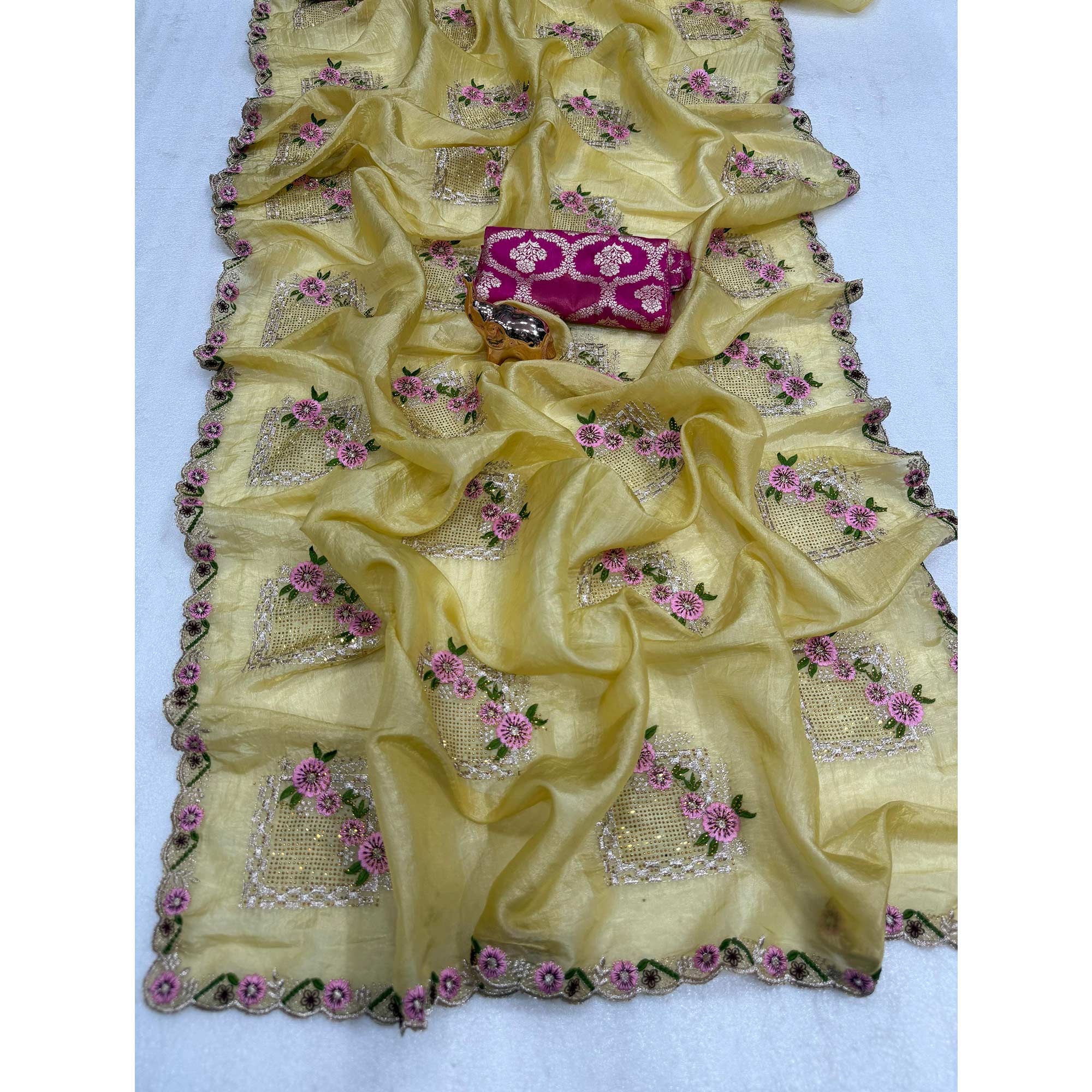Stunning Yellow Floral Embroidery & Swarovski Adorned Paper Silk Saree with Cutwork Border