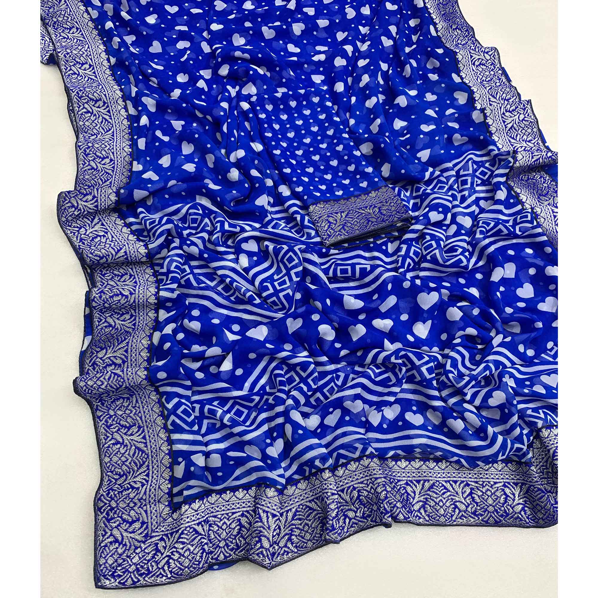 Blue Heart Printed Georgette Saree With Woven Border