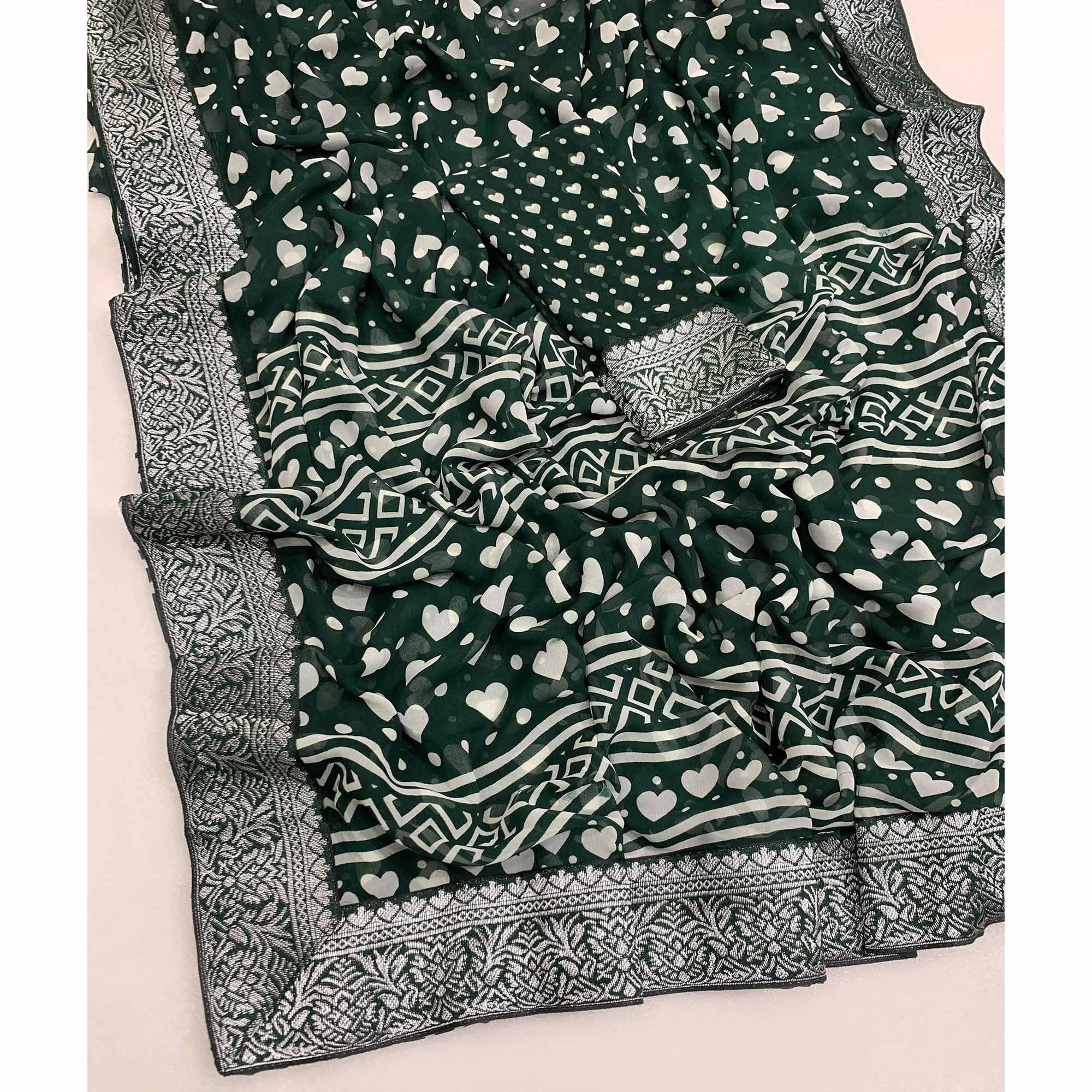 Green Heart Printed Georgette Saree With Woven Border