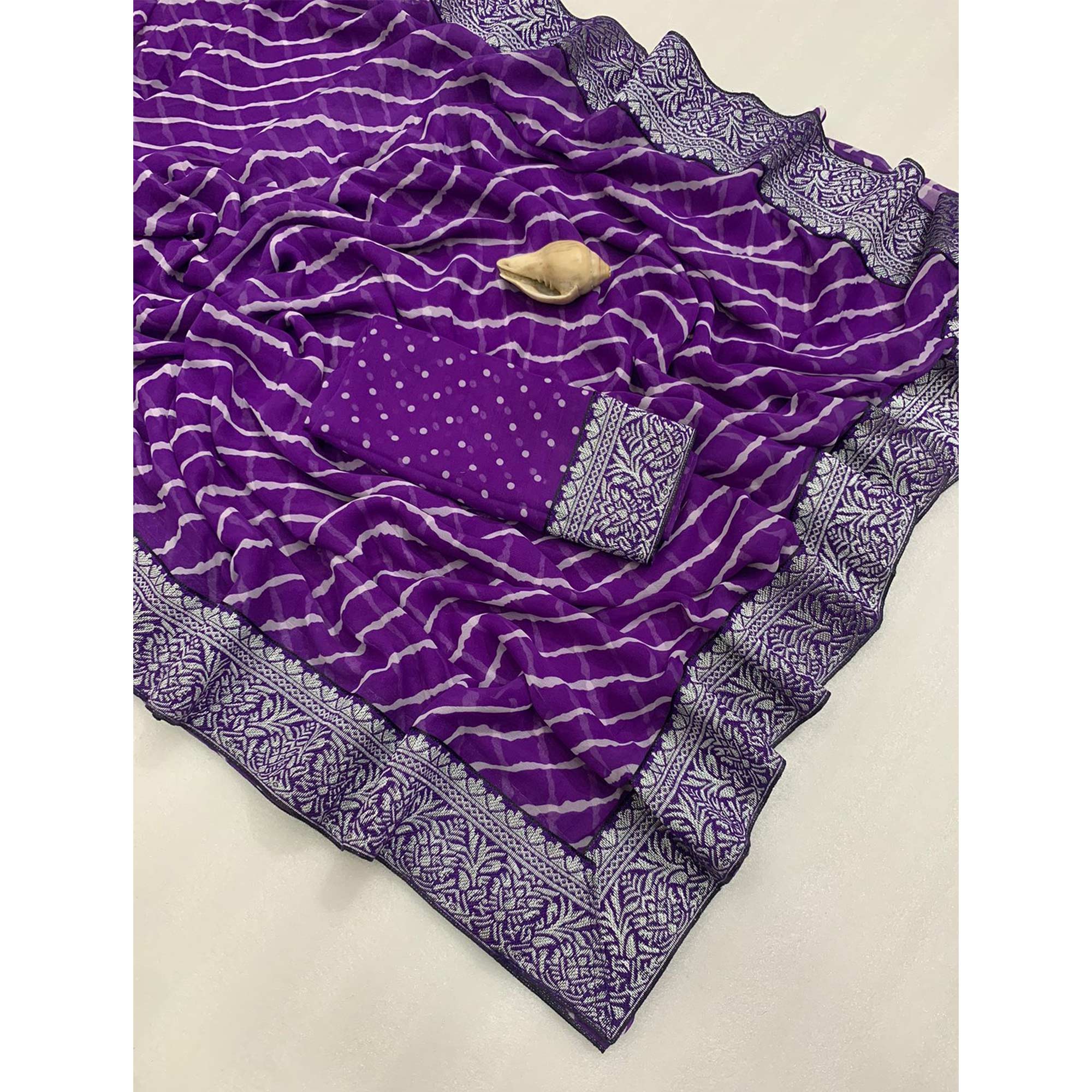 Purple Leheriya Printed Georgette Saree With Woven Border