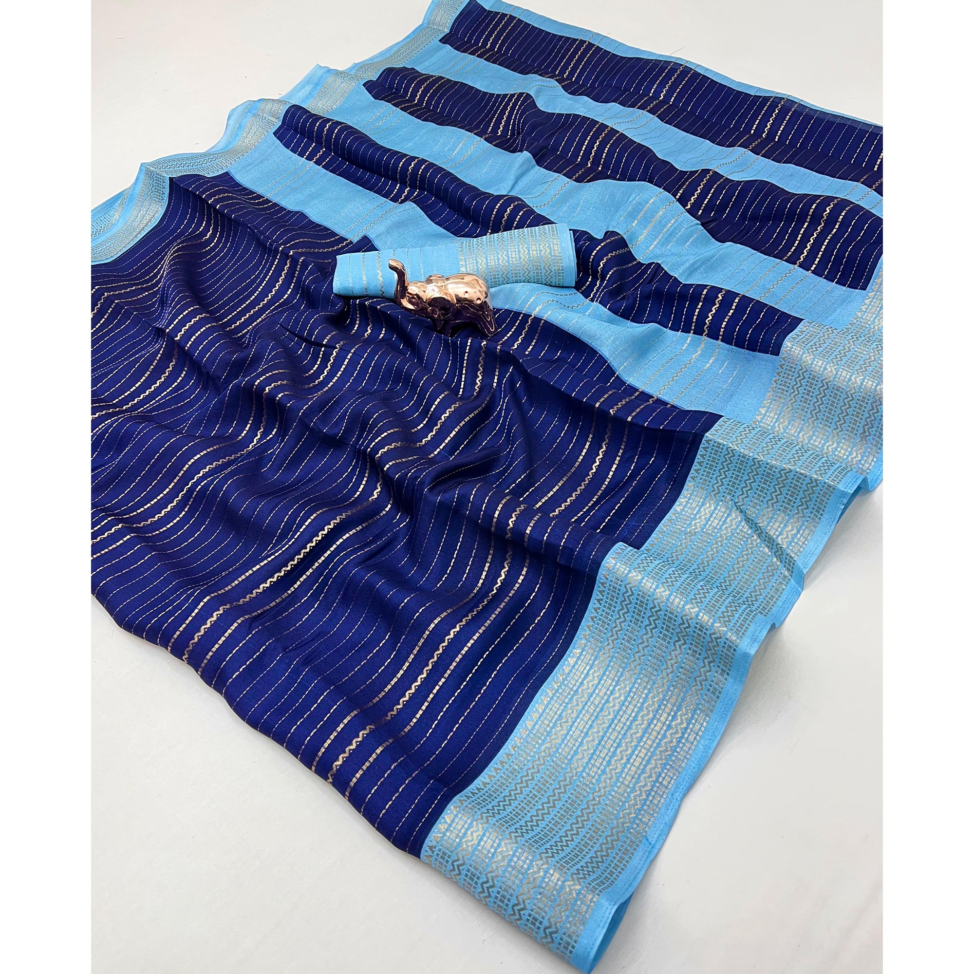 Classic Blue Marshmallow Jacquard Saree Adorned With Refined Striped Zari Weaving Patterns
