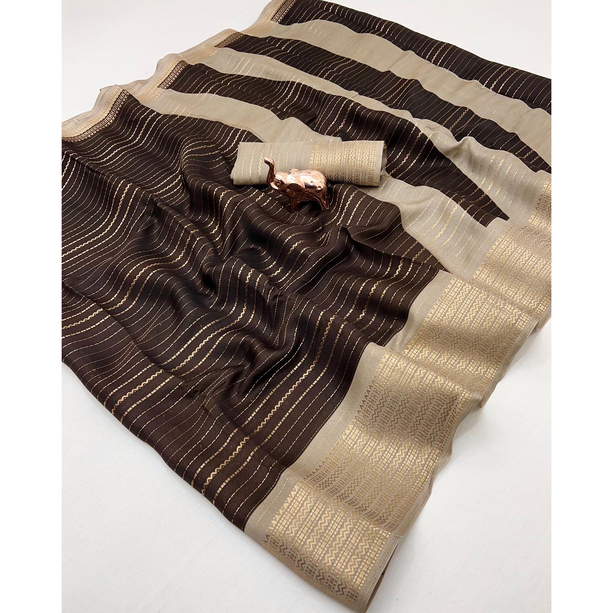 Classic Brown Marshmallow Jacquard Saree Adorned With Refined Striped Zari Weaving Patterns