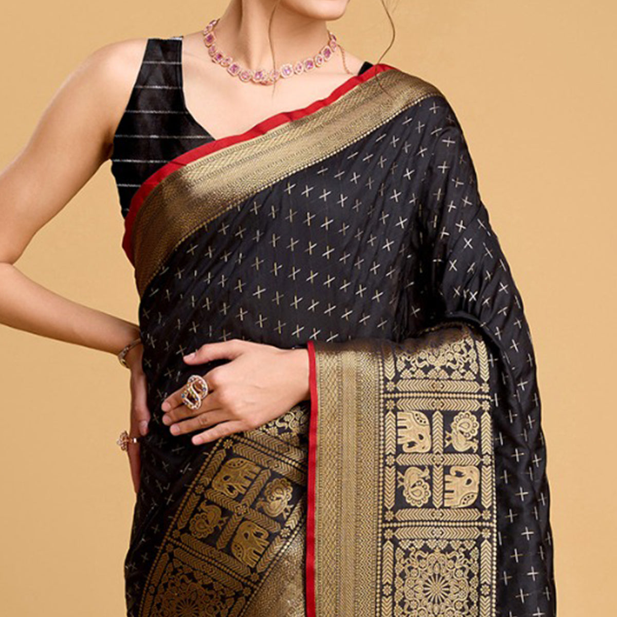 Black Woven Pure Silk Saree With Tassels