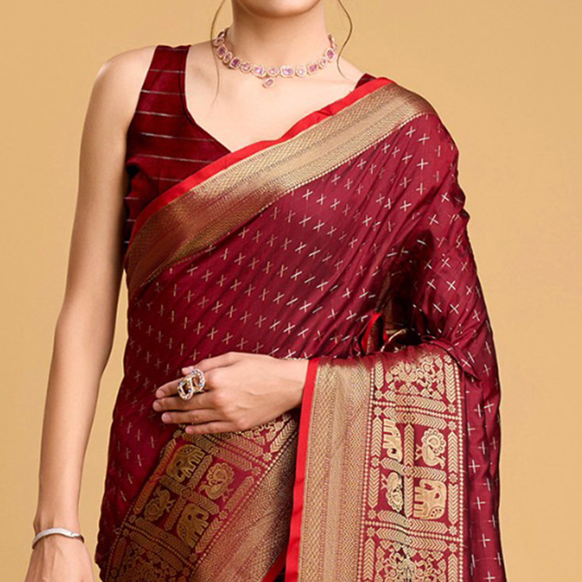 Maroon Woven Pure Silk Saree With Tassels