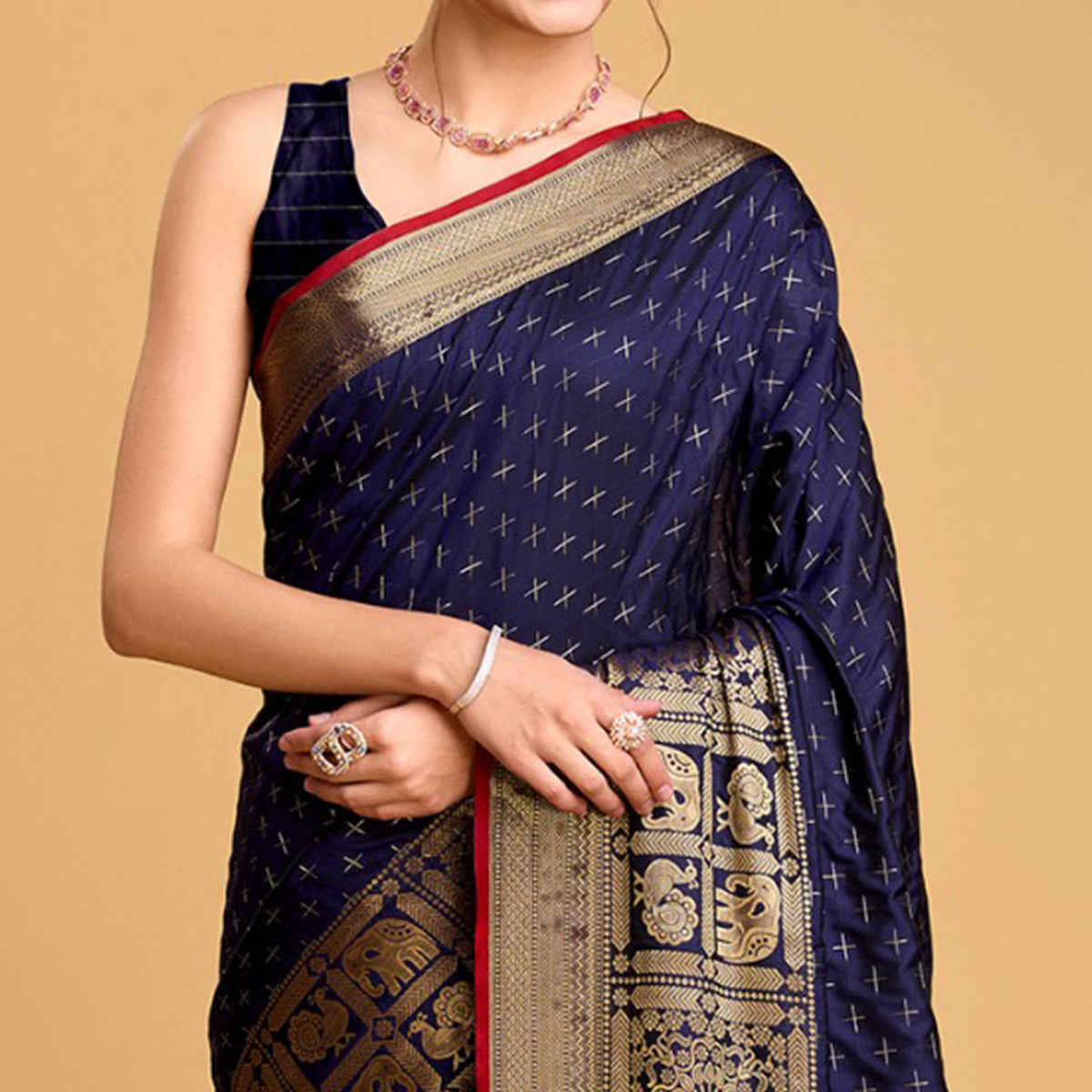 Navy Blue Woven Pure Silk Saree With Tassels